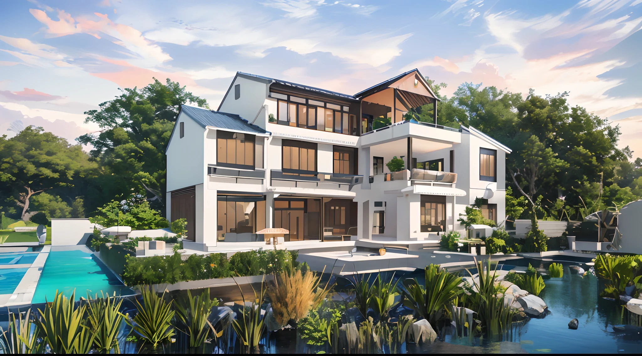 Rendering of a modern house with a pond and a pond, white wall,highly detailed render, Dynamic(RAW photo,Real,Best quality,Masterpiece),(Ultra photo realsisim,Photoreal:1.2)High quality,(Dark tones:1.2),perfect lights,Architectural Digest award-winning sustainable cinematic feel, precise architectural rendering, very realistic 3 d render, highly realistically detailed