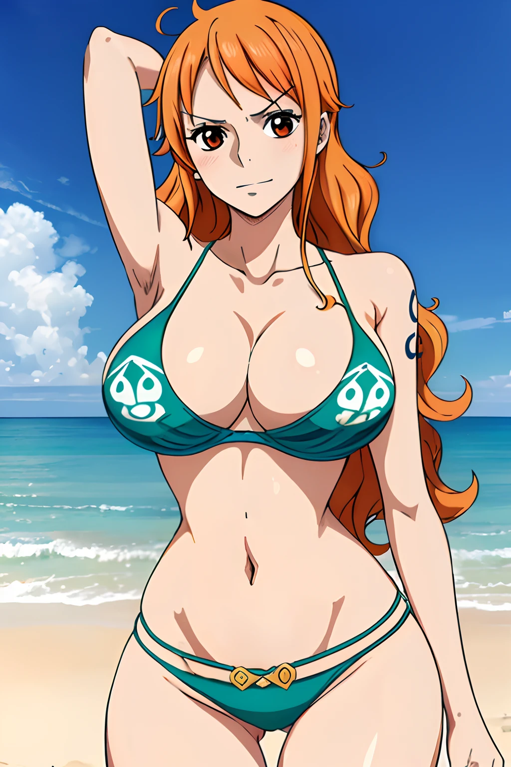 Nami, 1 girl, beautiful girl, , ((teensmall smile, blush, orange hair, long wavy hair, nude, naked, ((large breasts, big breasts, colossal breasts, large boobs, big boobs, colossal boobs, large tits, big tits, colossal tits)), pink nipples, beautiful nipples, slim, tall, sexy, lustful, ((tall, sexy)), thin, very thin, nami tattoo in her left shoulder, ((wearing a bra but the left bra came off and her breasts were exposed)), hands down, arms down, half body, photos up to the thighs, near, beach, ((very slim waist, very thin waist, sexy hips, big hips)), nude,