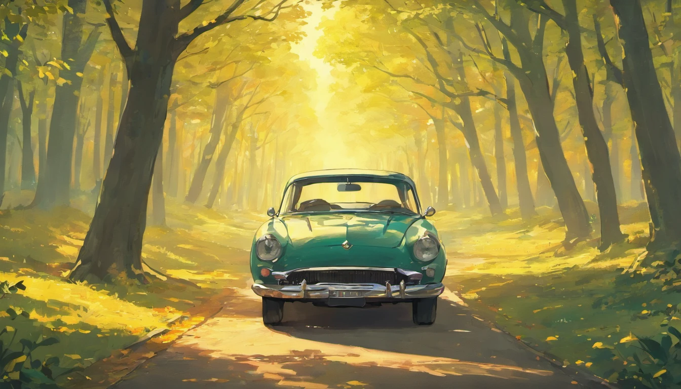 (best-quality:0.8), wide shot of autumn road with perfect trees full of leaves, house with smoke in the chimney and an sixties car parked, cinematic lighting, ultrafine detailed, Accent lighting, Kodak portra, Luminous trails, key visual, artstation