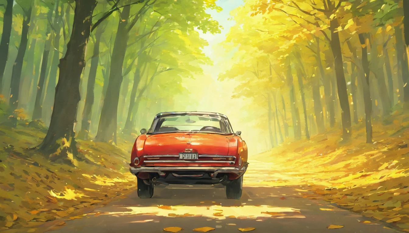 (best-quality:0.8), wide shot of autumn road with perfect trees full of leaves, house with smoke in the chimney and an sixties car parked, cinematic lighting, ultrafine detailed, Accent lighting, Kodak portra, Luminous trails, key visual, artstation