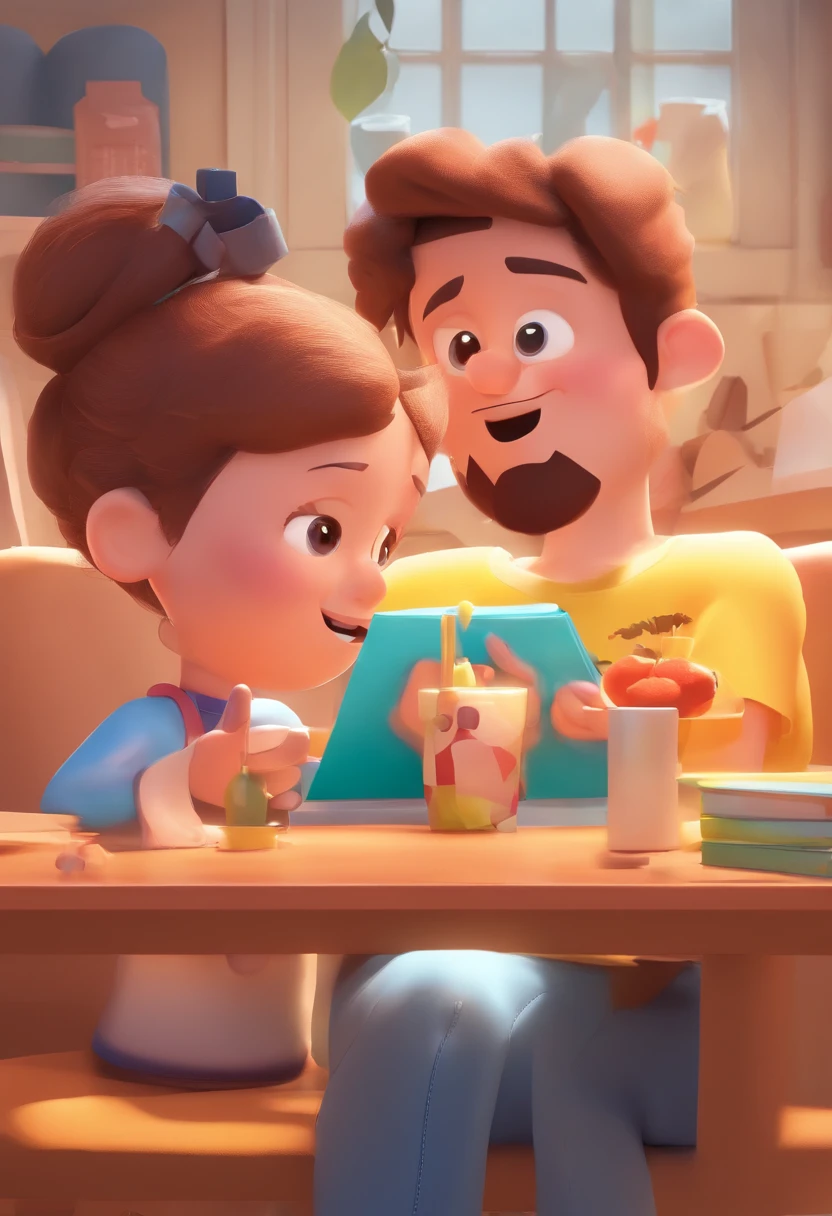 An illustration of an adorable couple, destacando um homem e uma mulher com bonito, Expressive eyes – the man's skin is black and the man's hair is bald and black, while the woman's skin is black and the woman's hair is curly and brown. They are a bright room, cada um com um sorriso no rosto, e compartilhar um momento especial caracterizado pelo amor, arroz, e insights educacionais. Illustrate this scene from a perspective where they are facing away from the camera, Showing Your Connection. Desenvolva esta arte em Full HD, Focus on your cinematic touch, Estilo Disney Pixar Animations