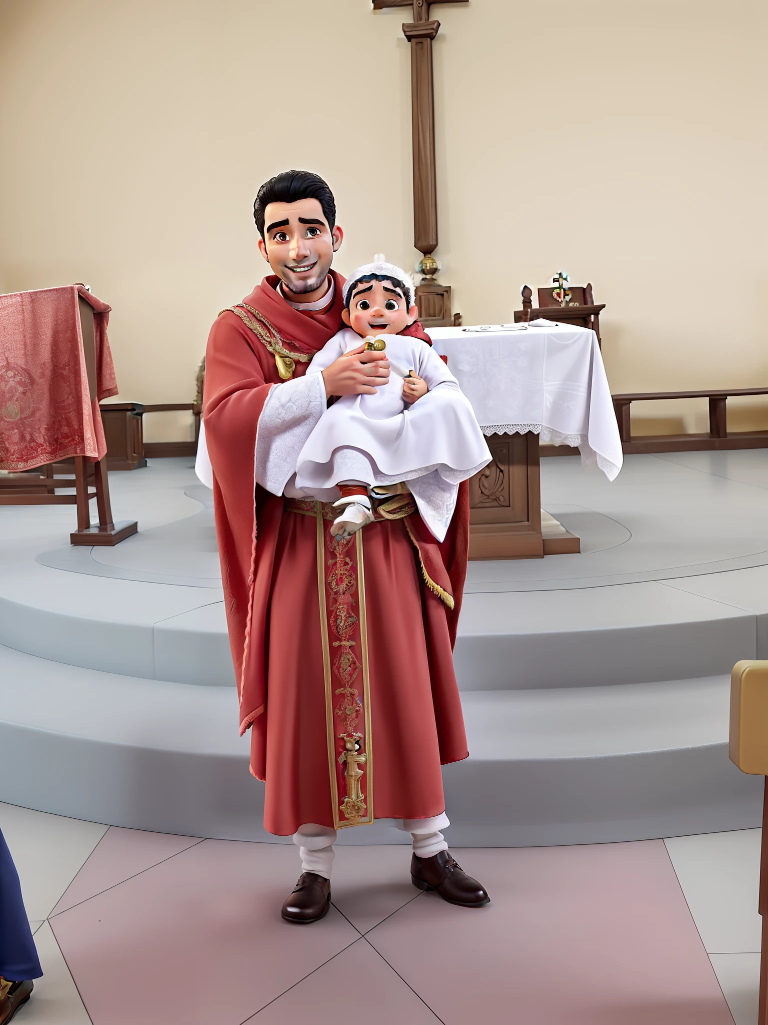 Arafed man in a red robe holding a baby in a church, Com o Menino Jesus, Solis Sacerdotibus |, bartolome ros, batismo, Jose Miguel Romano Francisca, Carmelo Blandino, Simon Hollosy, na igreja, Donoto Giancola, ástor alexander, Salustiano Garcia Cruz, religión, Esteban Maroto, sem estipe