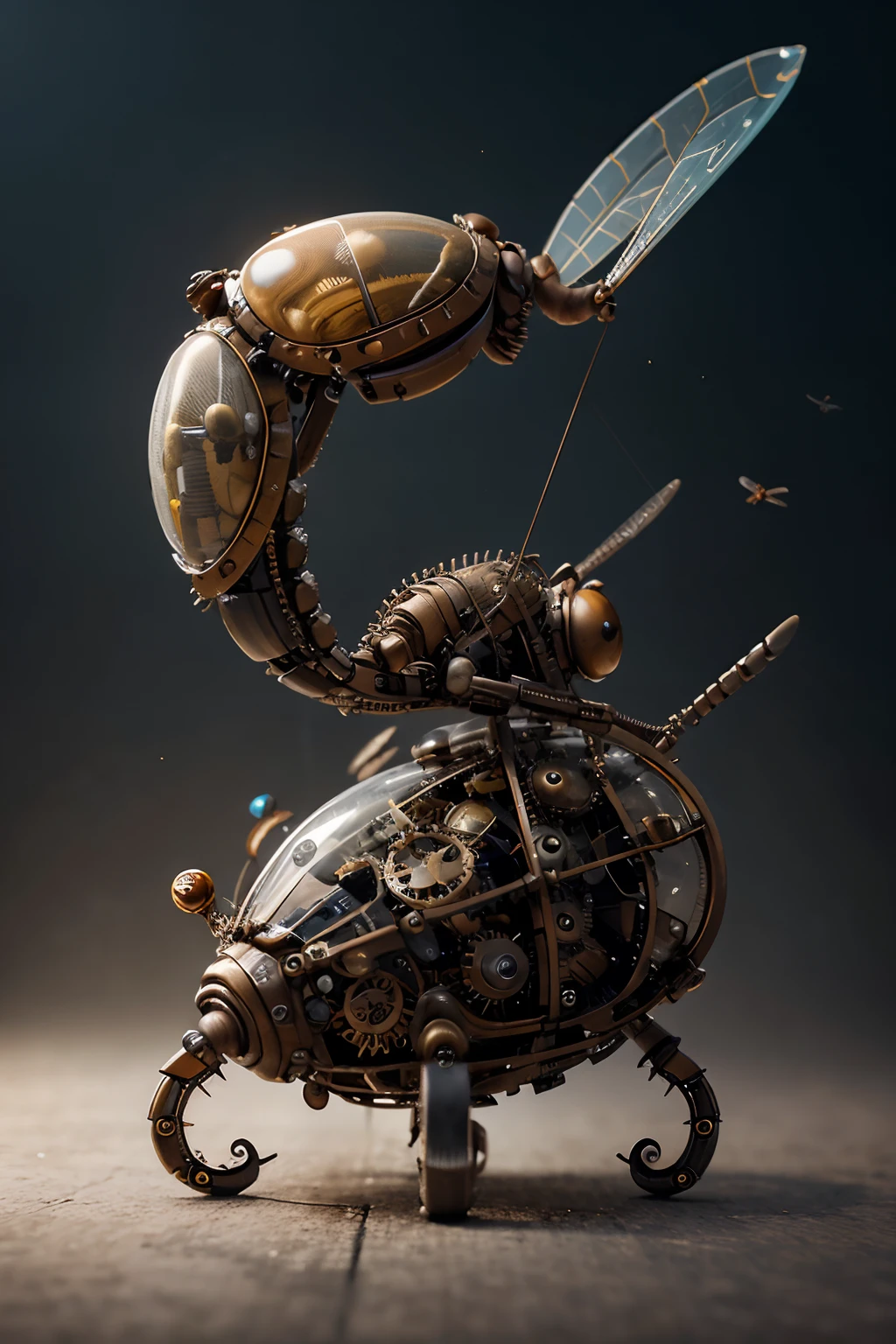 A very dynamic scene. Mechanical Transparent Dragonfly Snail. steampunk style. Made of gears and screws. Fast flight and parts fall off and fly in different directions. drawing in the style of a Disney Pixar cartoon. a closeup of a. many details. Cinematic. Blurred background in slow motion. Light haze.