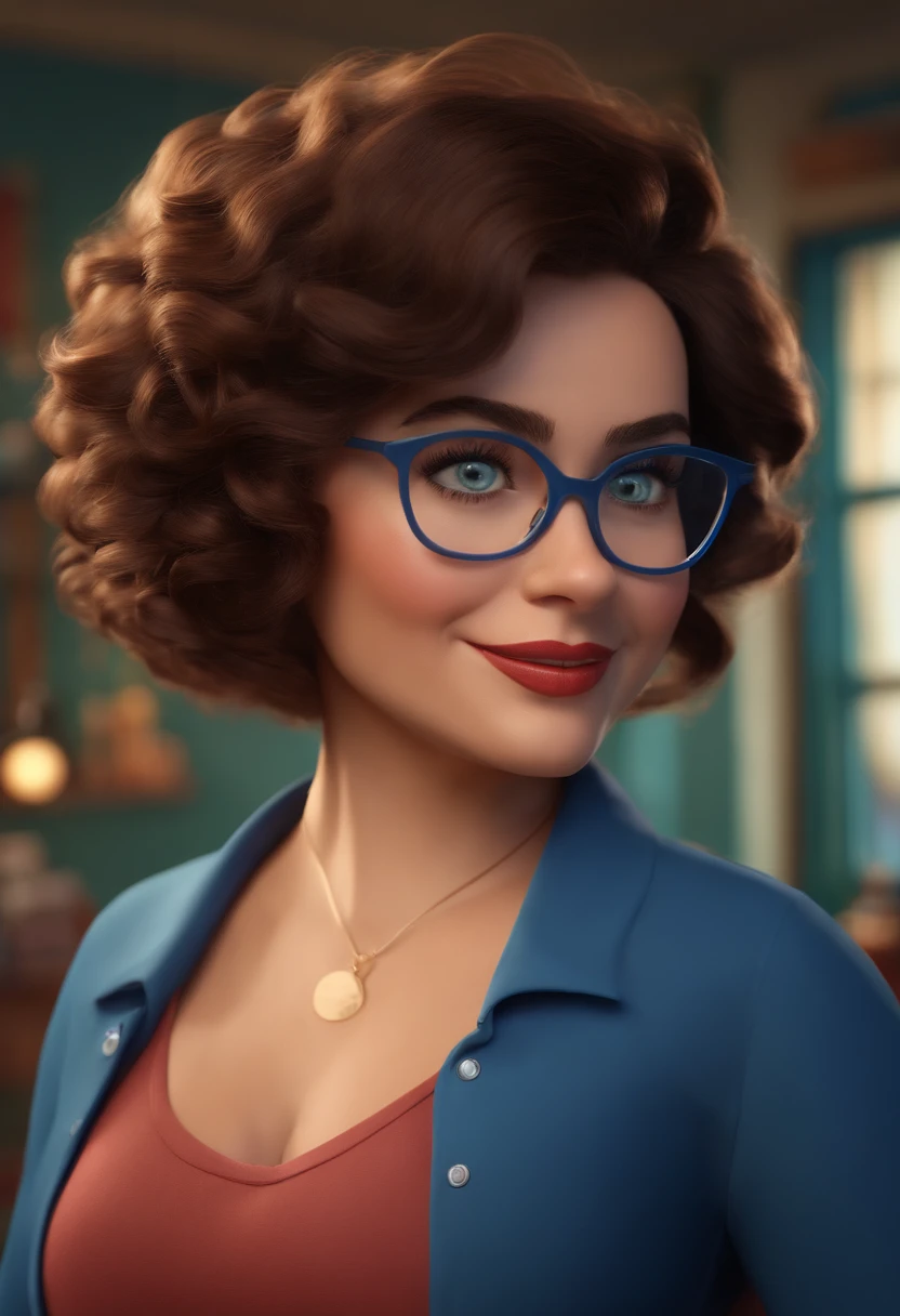 Pixar style image with 3D character blue glasses teacher brunette woman short curly hair Disney Makeup,Pescador, bonitinho, sorridente ,Close-up, Pixar, Disney, Cinema lighting,