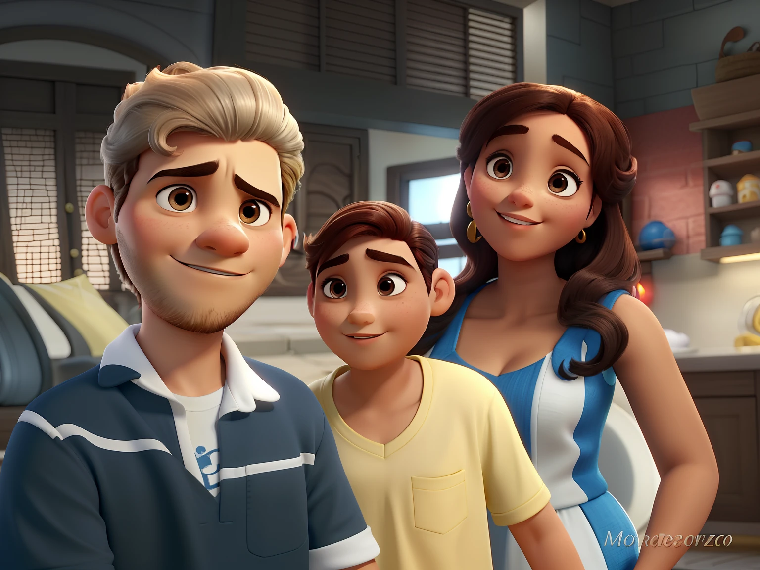 Uma mulher morena, com sobrancelha , um menino de cinco anos moreno com cabelo crespo, com sobrancelha, um homem branco sem barba, estilo disney pixar. alta qualidade, melhor qualidade