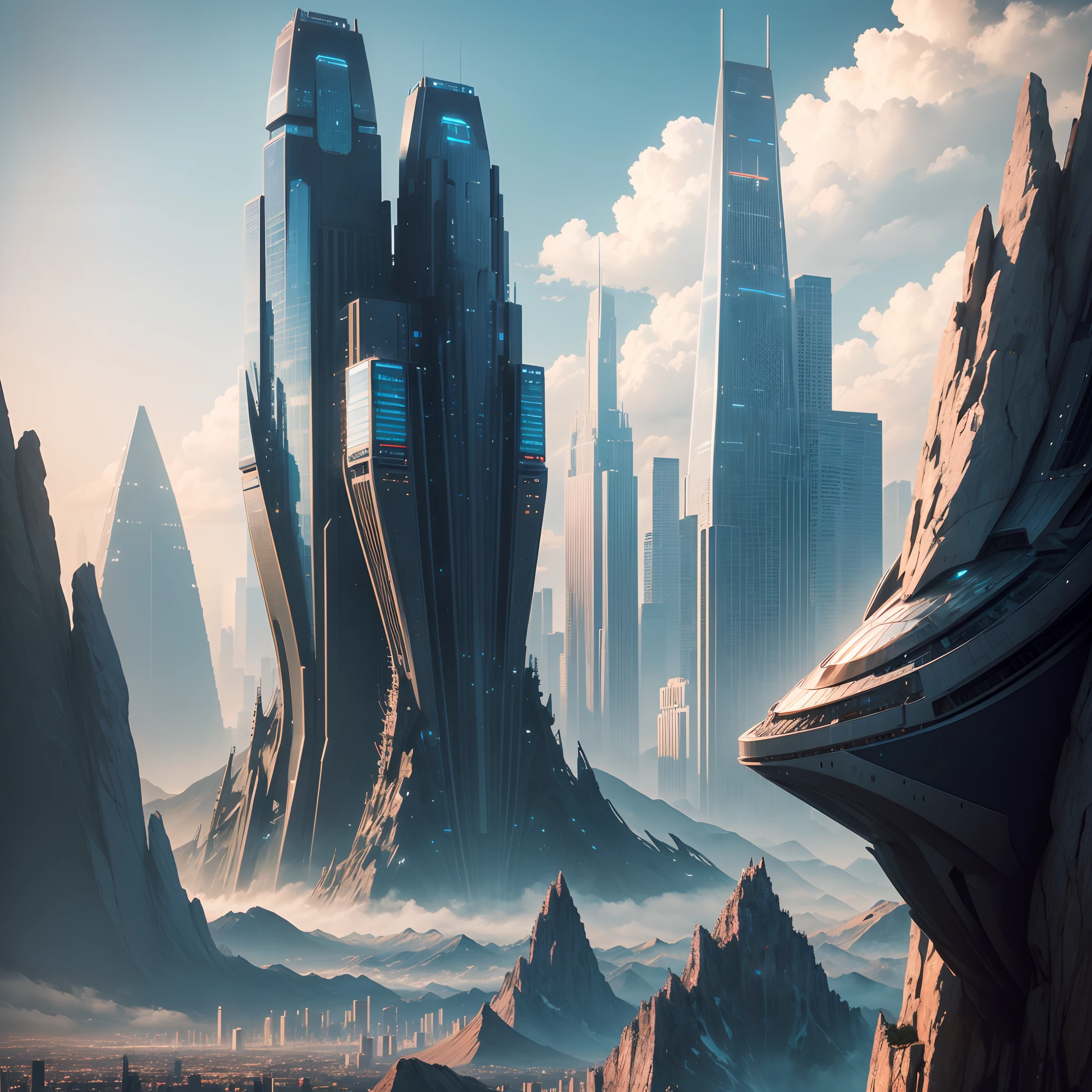 Huge mountain,Skyscrapers,masterpiece,cyberpunked,50 times the height of the building,超A high resolution,planet earth,Best Quality,The skyline of the future,epcot,A building far beyond the imagination of mankind,SFart by,Megacities