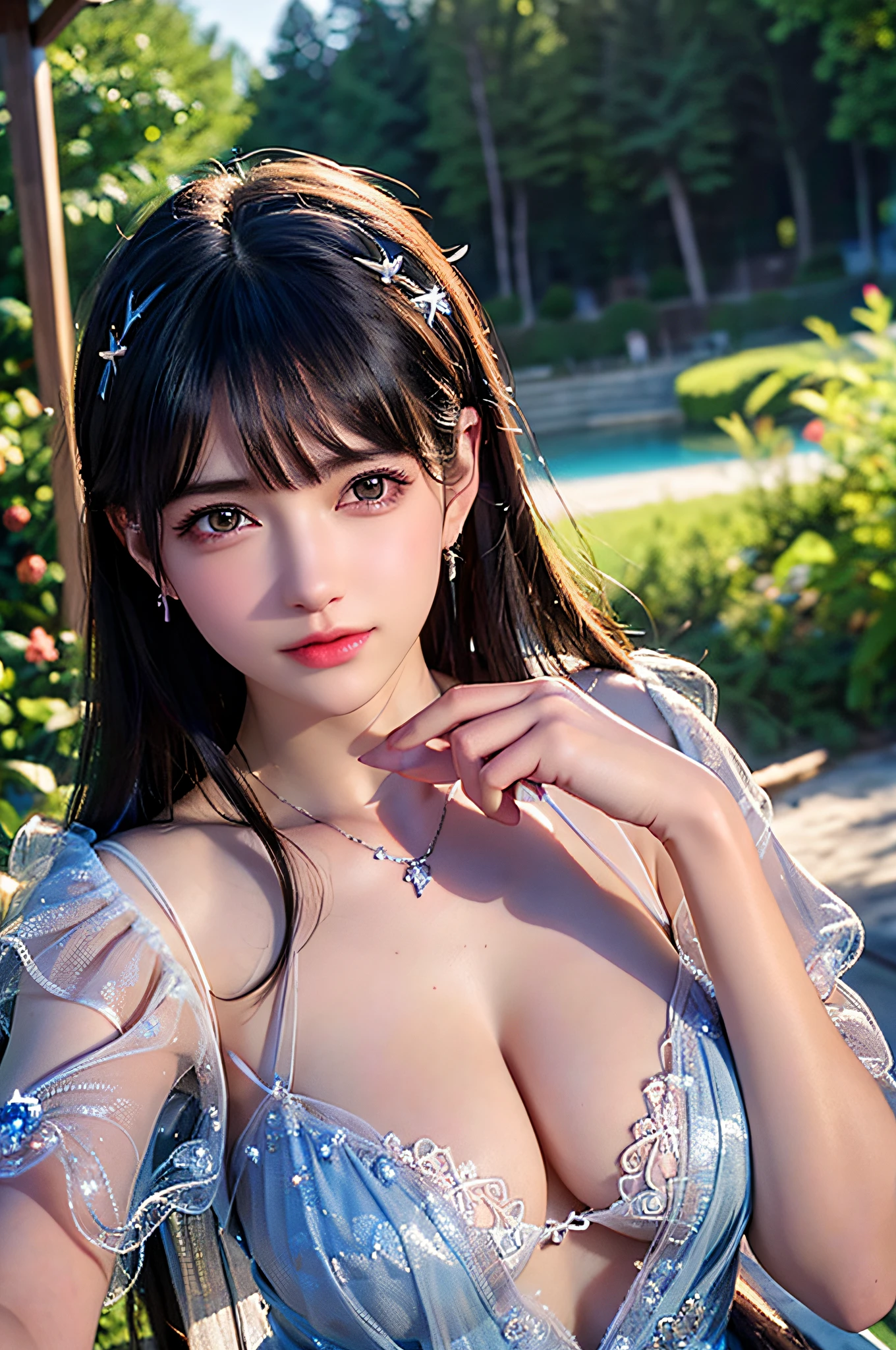 (8K, RAW photo, Best quality, Masterpiece:1.2),(Realistic, photo-realistic:1.4), Ultra-detailed, Extremely detailed CG 8K wallpaper,(crystalstexture skin:1.2), (Extremely delicate and beautiful),
1girll,Solo, Realistic,Black hair,Long hair,Bare shoulders,Blue dress,Large breasts,cleavage, view the viewer, Outdoors,