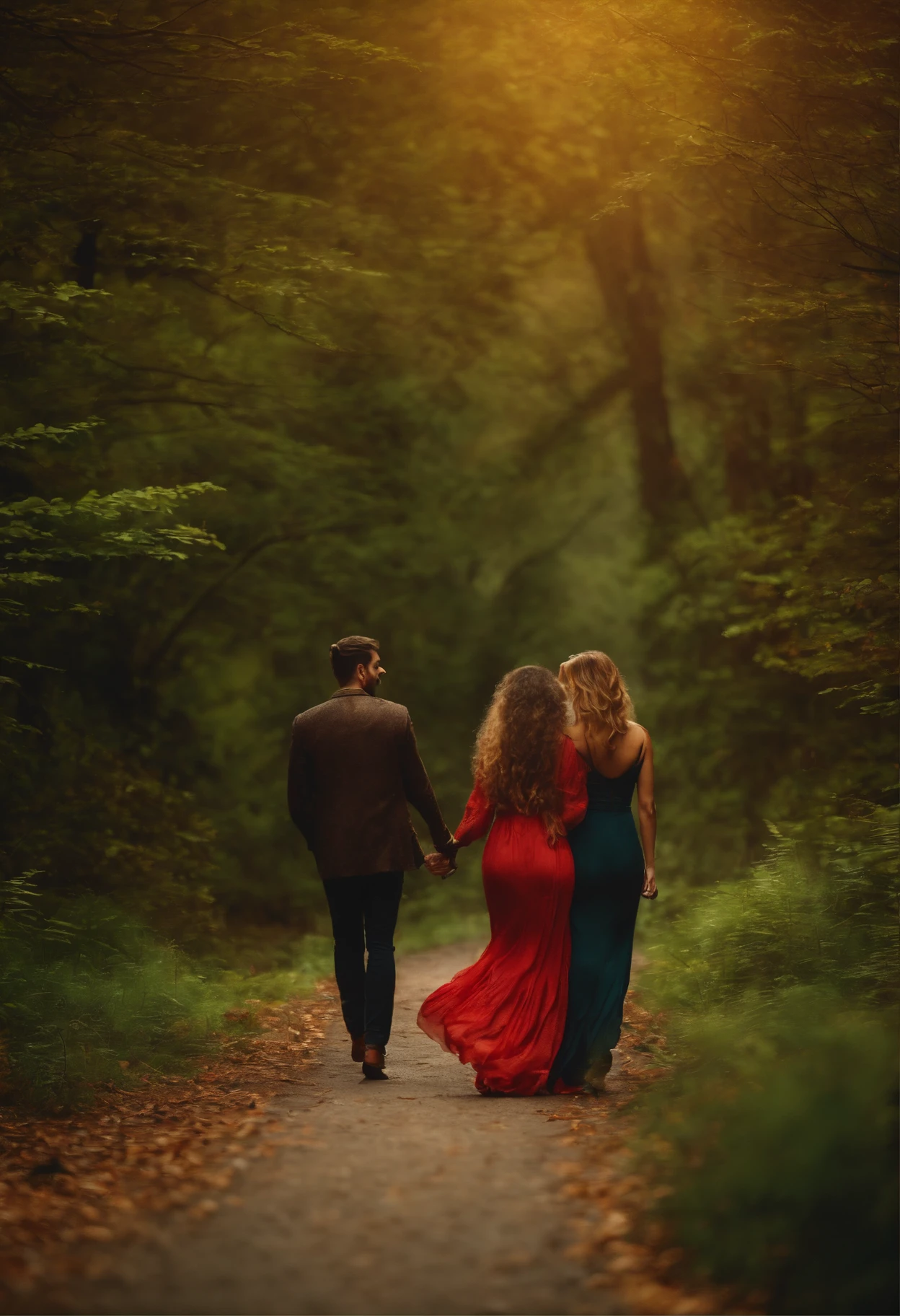 Havia um homem e uma mulher cabelos longos passeando.pelo bosque.