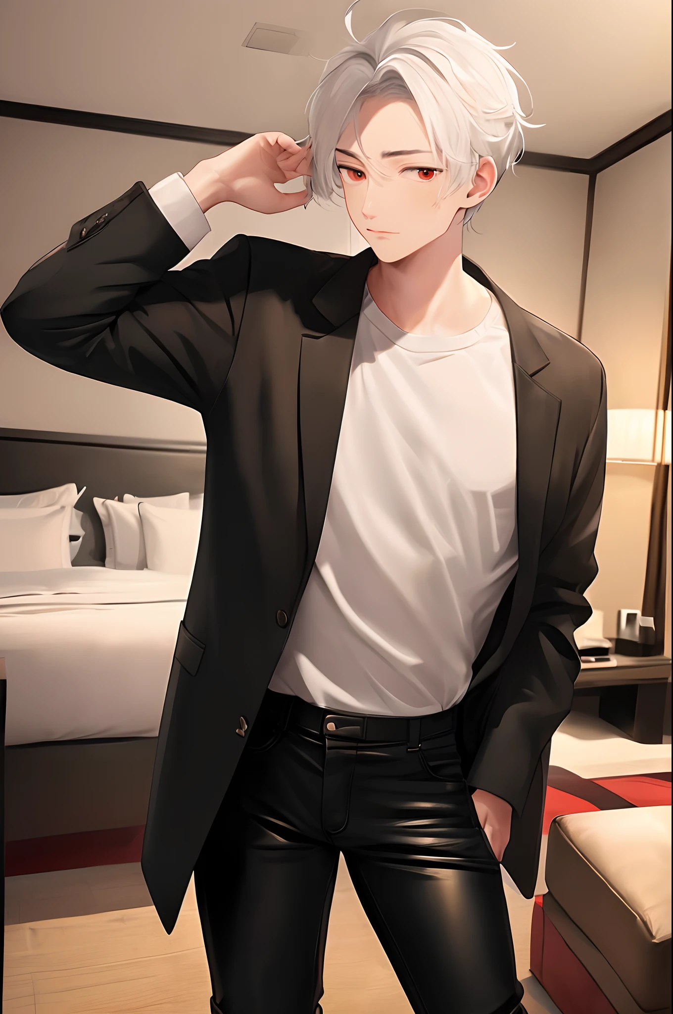 (4K works))、​masterpiece、(top-quality)、((Black and white bedroom))、Korean Male、Adult male、((Adult 50 years old))、((Adult uncle type))、((Leather Jeans Style))、((Face similar to Hyunjin))、Cool Men、tall、((Gentle face))、((Cool werewolf fashion in black))、((Long sleeve long trouser style))、((Smaller face))、Slim body、((Uncle))、((white  hair))、((white short-haired))、((Red Eyes))、((shot from front))、((Shot alone))、((Solo Photography))、Professional Photos、((Reach out to your audience))、((He's working in the room))、((dad bod))、