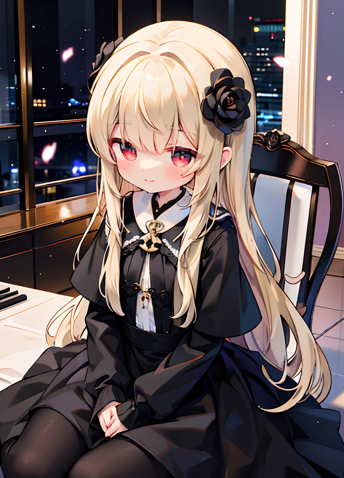 one girl、solo、length hair、piano、Red Eyes、doress、Black Dress、Luxurious dresses、Black tights、Light blonde hair、Particles of light、mournful smile、Stand in front of the piano in the hall、spot light、Black Rose Motif Dress、bangss、Piano Headrest、Tilt of the neck、Black roses、beatiful detailed eyes、细致背景、crow、Black plumage、Black Rose、glass、(Black Dress:1.4)、Dresses are black only、Cool smile、dignified expression、a cool、Put your hands on your knees、Sit on a chair、top grade