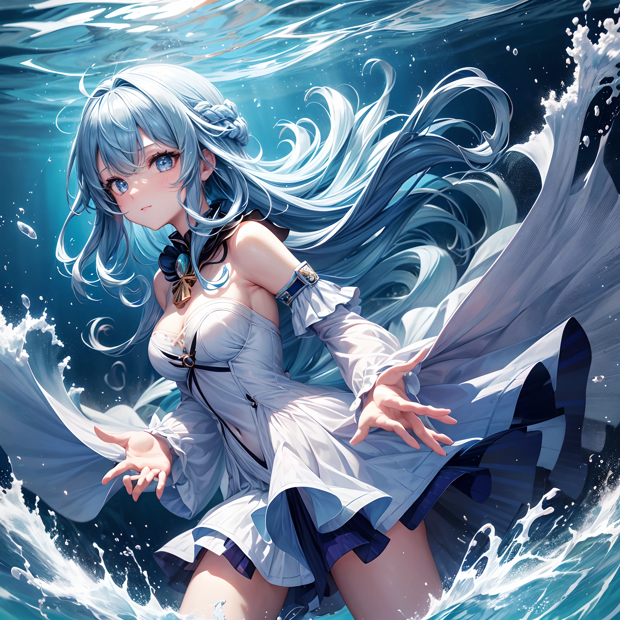 8K, 1girl in, High collar, Gorgeous, (フラクタルアート1.8), sullenness, youthfulness, Blue hair, Deep under the sea, Gorgeous, Dynamic, visual impact, Hands in pockets, (Lens Wave 1.5)