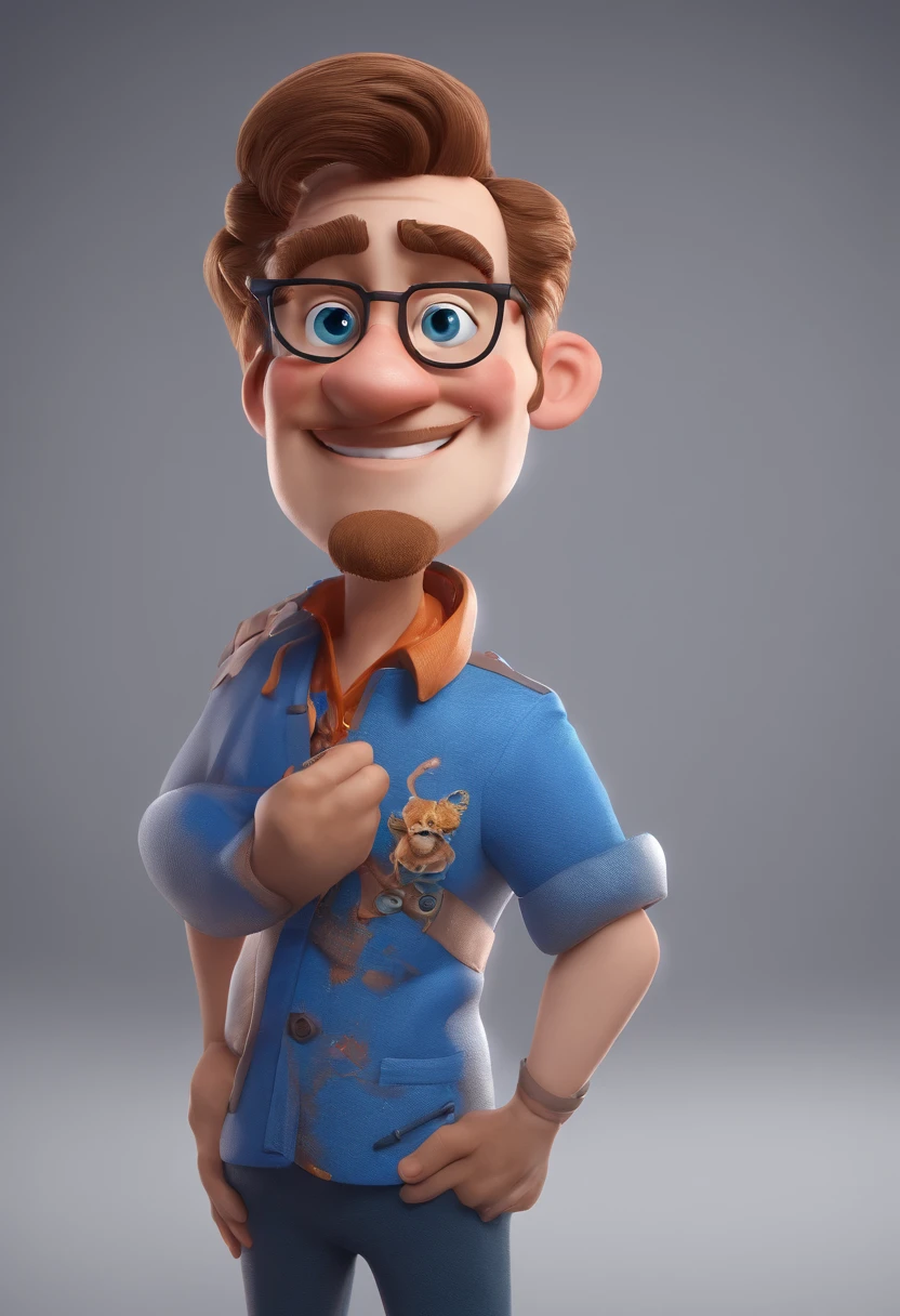 personagem dos desenhos animados de um Homem cabelo castanho e barba cheia levemente grisalha, camisa social azul, animation character, Caractere estilizado, animation style rendering, 3D estilizado, Arnold Maya render, 3 d render stylized, toon render keyshot, Personagem 3D, 3d rendering stylized, 3 d character render, personagem de desenho animado, Personagem de close up, Pose de personagem,  (Estilo Pixar) (master part:1.2) (Bokeh) (best quality) (pele detalhada) (textura detalhada) (8k) (argila) (Cinematic lighting) (foco nítido)