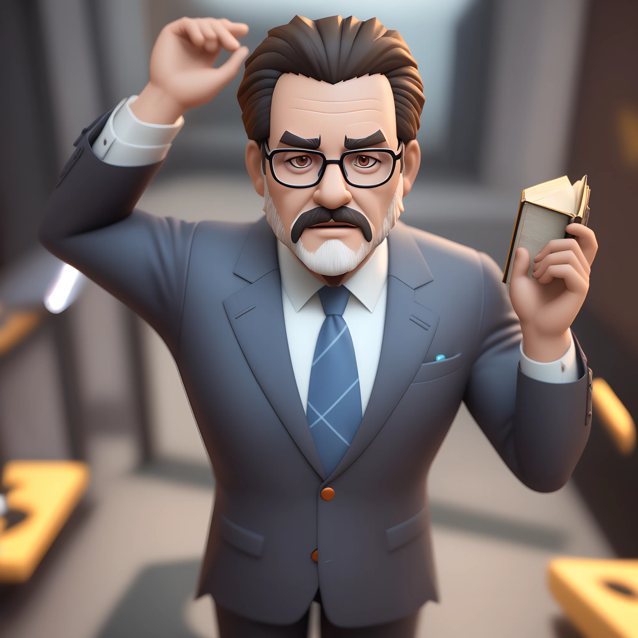 Pixar cartoon character of a man with rectangular black glasses and a blue suit, with a Bible , Gray beard animation character, Caractere estilizado, animation style rendering, 3D estilizado, Arnold Maya render, 3 d render stylized, toon render keyshot, Personagem 3D, Personagem 3D, 3d rendering stylized, 3 d character render, personagem de desenho animado, Personagem de close up, Pose de personagem,  (Estilo Pixar) (master part:1.2) (Bokeh) (best quality) (pele detalhada) (textura detalhada) (8k) (argila) (Cinematic lighting) (foco nítido