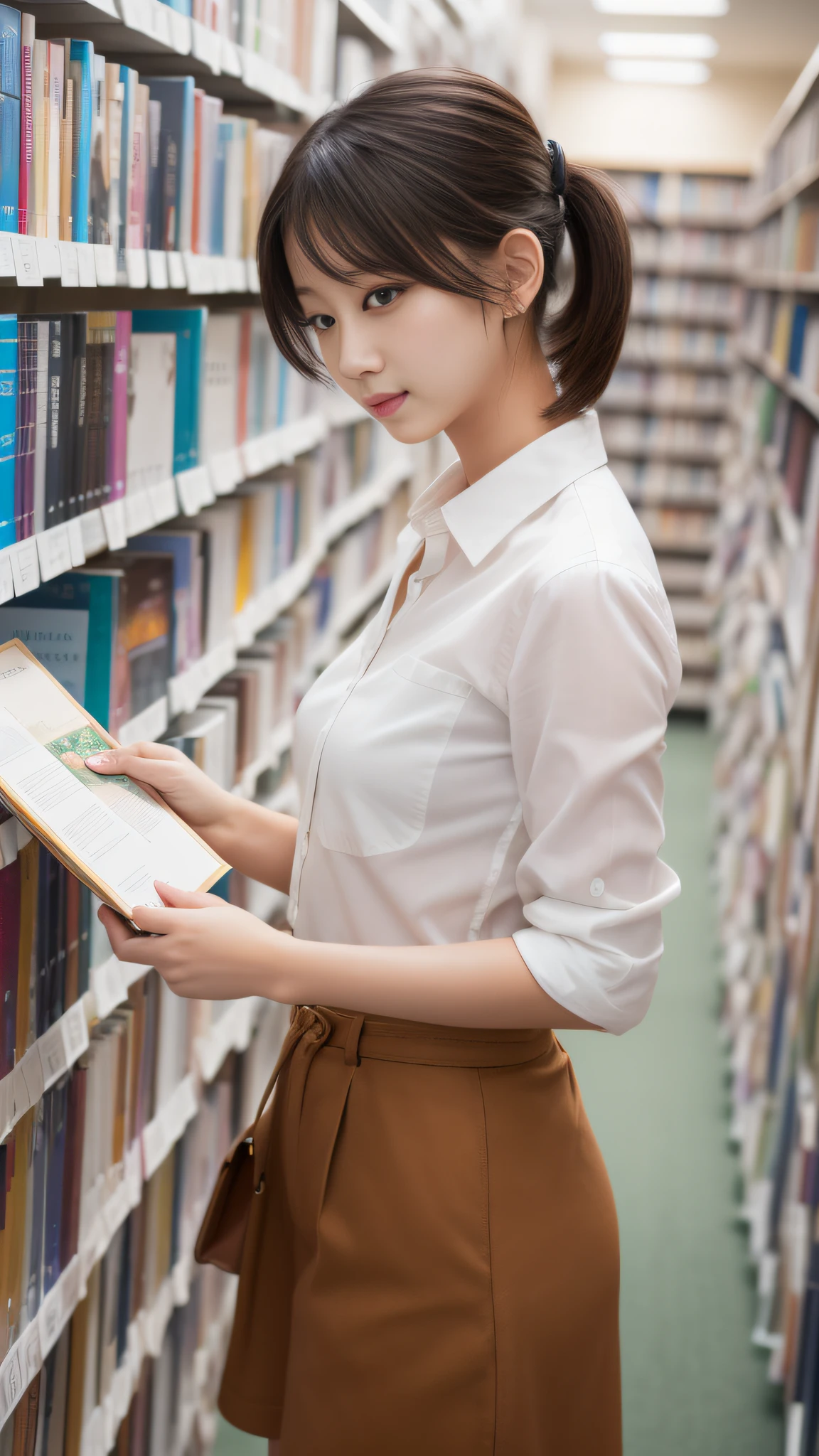 (top-quality、8k、32k、​masterpiece、UHD:1.2)Girl choosing a book in the library、pony tail hairstyle、Neat and clean clothing