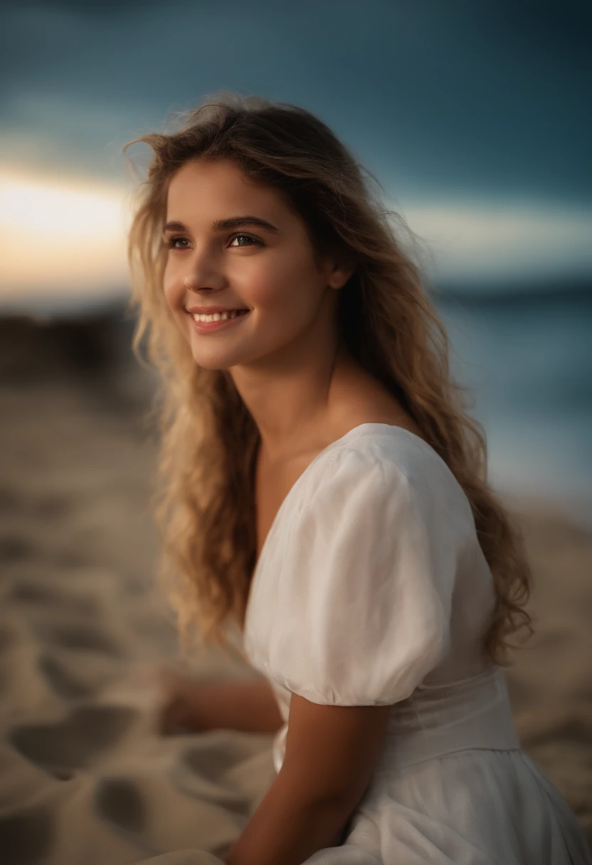 best quality, master part, Ultra high resolution, (filmic grain: 1.4), fotografia digital, franja, film lighting, (Fuji Cor: 1.2) retrato,, 1 girl, sozinho, facing the audience, sorridente, (Rosto em close-up), poros claros, looking up at the audience, fundo do oceano (Realistic: 1.2)