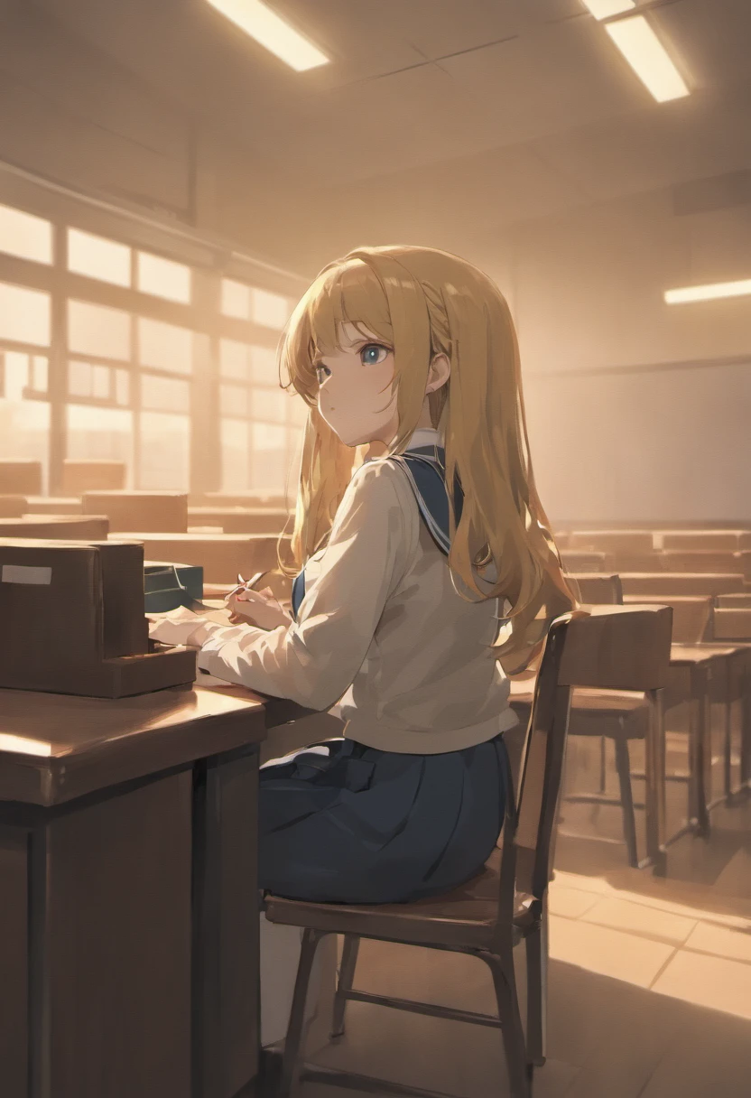 Anime girl sitting at a desk in a classroom with her hands on her knees, a hyperrealistic schoolgirl, a hyperrealistic schoolgirl, Realistic Schoolgirl, beautiful anime high school girl, Seductive Anime Girl, Smooth Anime CG Art, Cute Schoolgirl, oppai, small curvy , School Girl, [ 4 k digital art ]!!, with a big chest