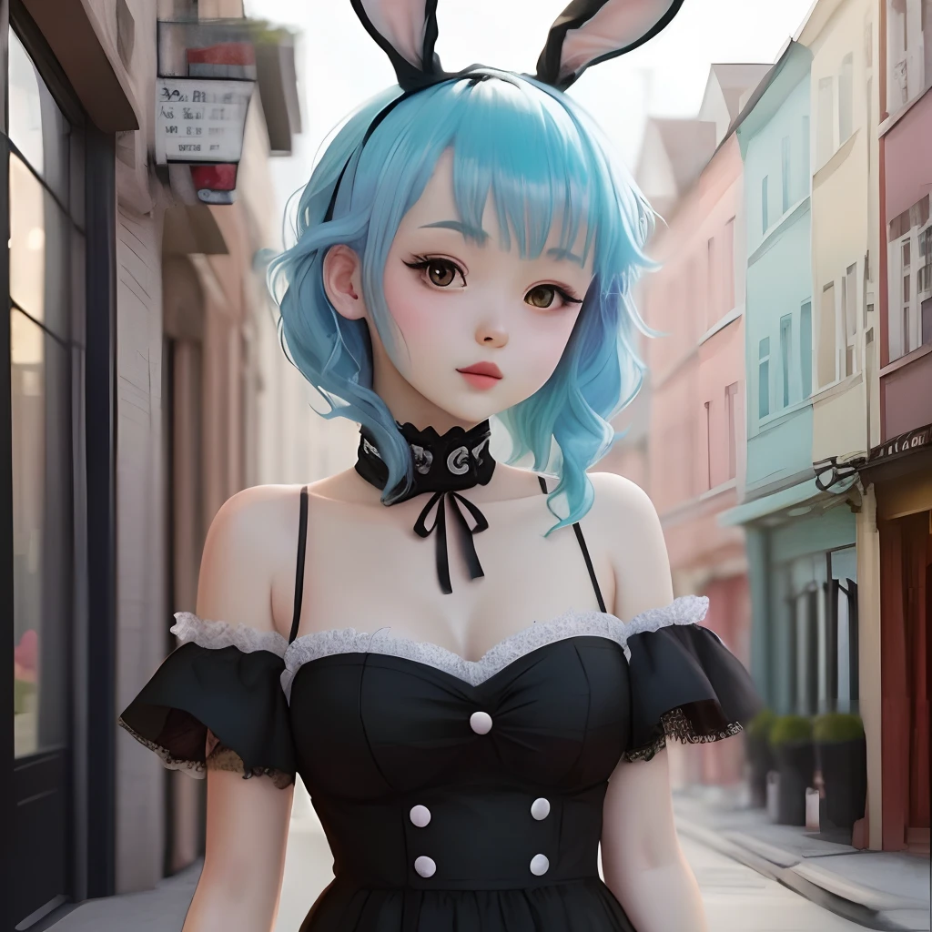 Cute anime bunny blue haired goth girl