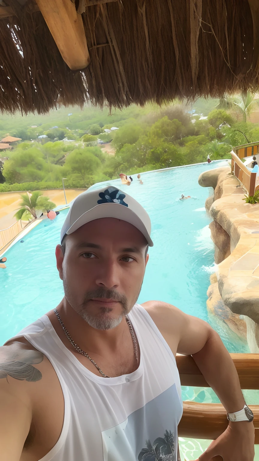 There's a man standing on a balcony overlooking a pool, (38 anos), taken in the early 2020s, paradise in the background, david rios ferreira, 3 6 anos, 3 2 anos, 38 anos, 4 5 I, ao lado de uma piscina tropical, cool looking, vista deslumbrante, Homens de 45 anos