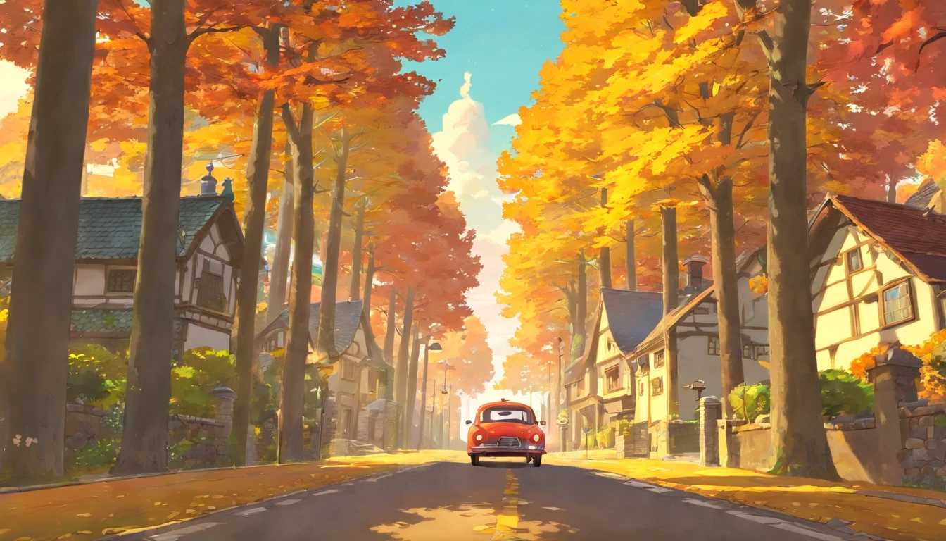 (best-quality:0.8), wide shot of autumn road with perfect trees full of leaves, house with smoke in the chimney and an sixties car parked, cinematic lighting, ultrafine detailed, Accent lighting, Kodak portra, Luminous trails, key visual, artstation
