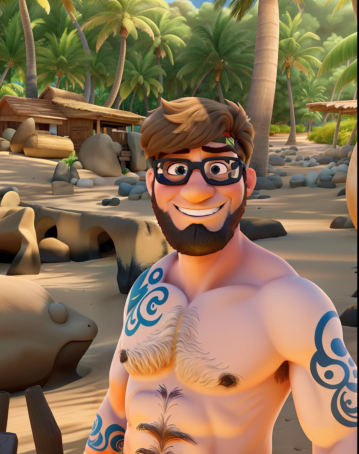 Poster no estilo Disney pixar, alta qualidade, melhor qualidade, homem sexy branco, 40 anos cabelo castanho barba castanha, Tattoo Closed Left Arm , with a background on a paradisiacal beach in the south of Bahia