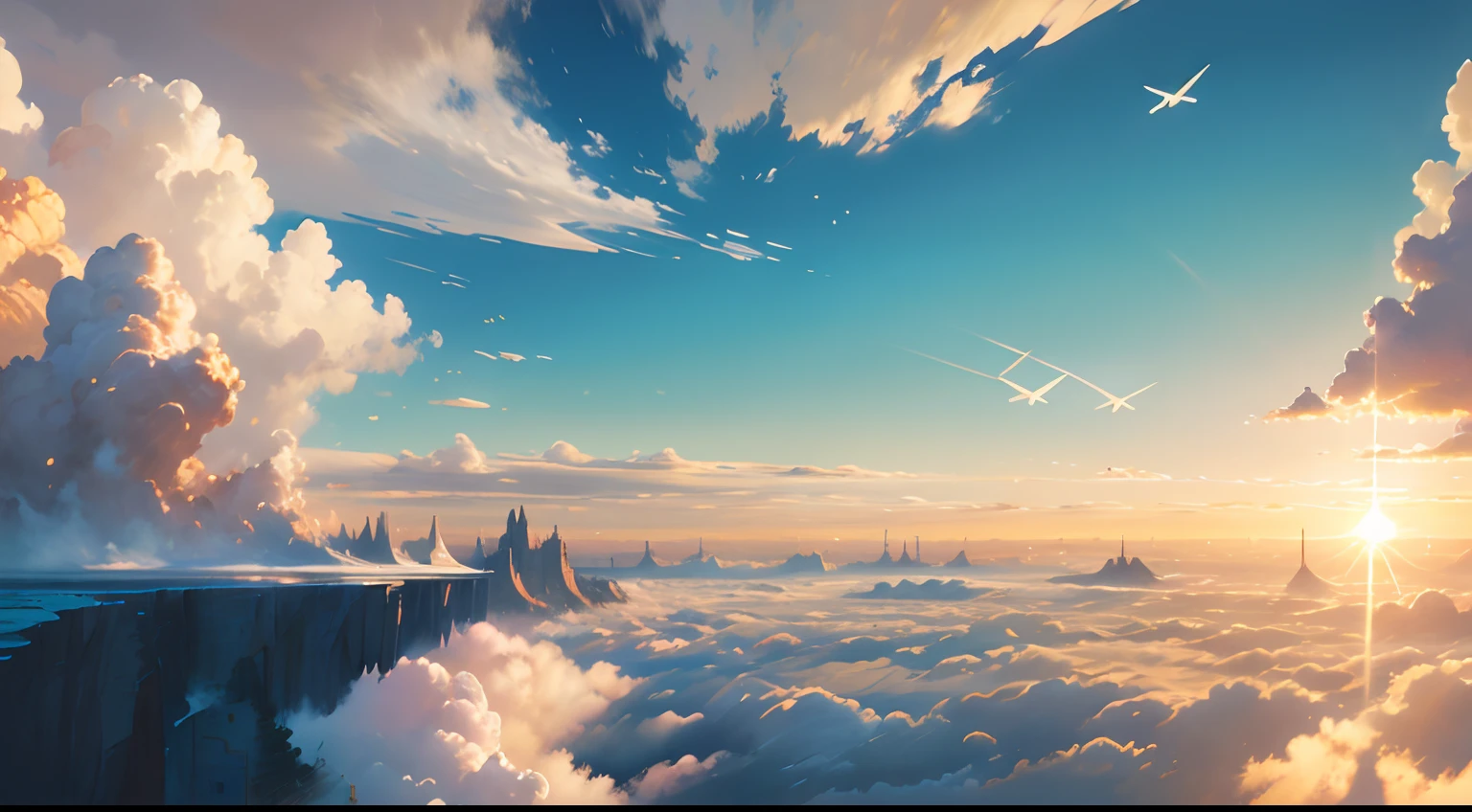 (Best quality,4K,A high resolution,Masterpiece:1.2),Ultra-detailed,Realistic,Photorealistic:1.37, wispy clouds, A sense of freedom and adventure, The sunlight casts a warm golden glow, The breeze blows the course of the paper airplane, Stunning aerial view, Dreamlike atmosphere, Joyful and playful mood, A mix of bright tones, soft and muted colors, Natural lighting, A touch of surrealism, A hint of whimsy。
