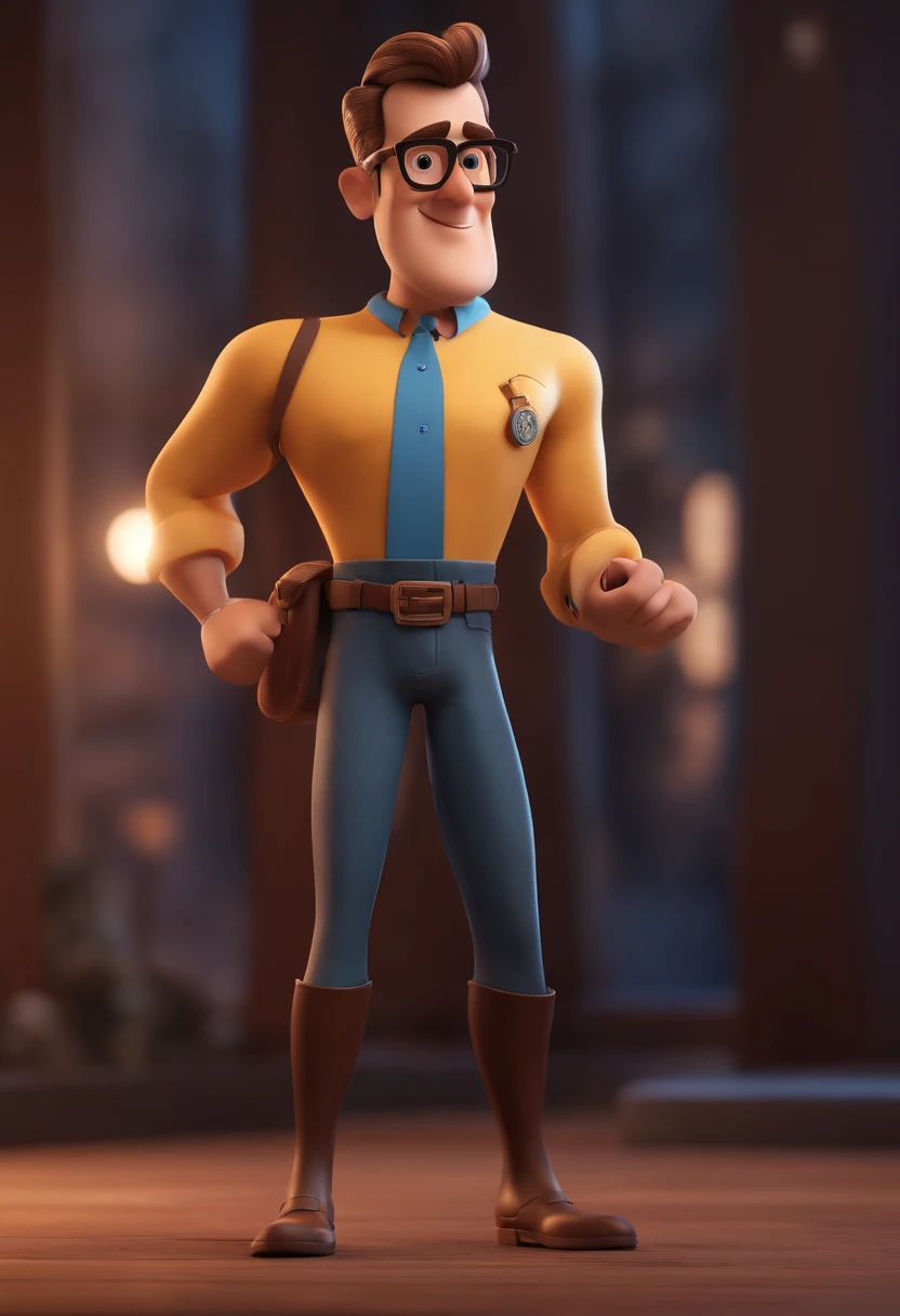 Cartoon character of a man with black glasses and a blue shirt, animation character, Caractere estilizado, animation style rendering, 3D estilizado, Arnold Maya render, 3 d render stylized, toon render keyshot, Personagem 3D, Personagem 3D, 3d rendering stylized, 3 d character render, personagem de desenho animado, Personagem de close up, Pose de personagem, (Estilo Pixar) (master part:1.2) (Bokeh) (best quality) (pele detalhada) (textura detalhada) (8k) (argila) (Cinematic lighting) (foco nítido