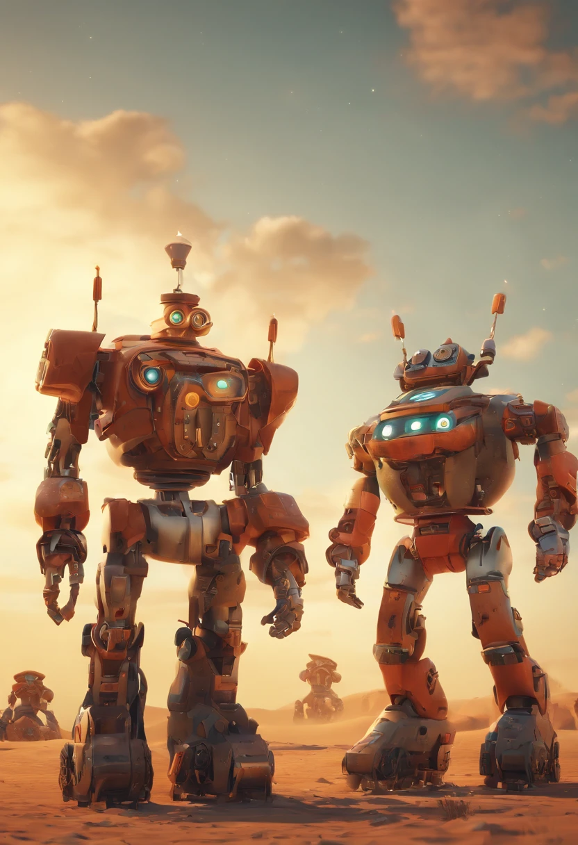 Image of a man and a woman walking in front of a group of robots, Fantasia Grimdark Steampunk, ps 4 in - game cinematic, character with a hat, um chifre, deserto, arte oficial splash, "Porco, O pistoleiro, terrenos baldios cinzentos, pulular, armadura branca e dourada pesada, Sepia, arte oficial, boi