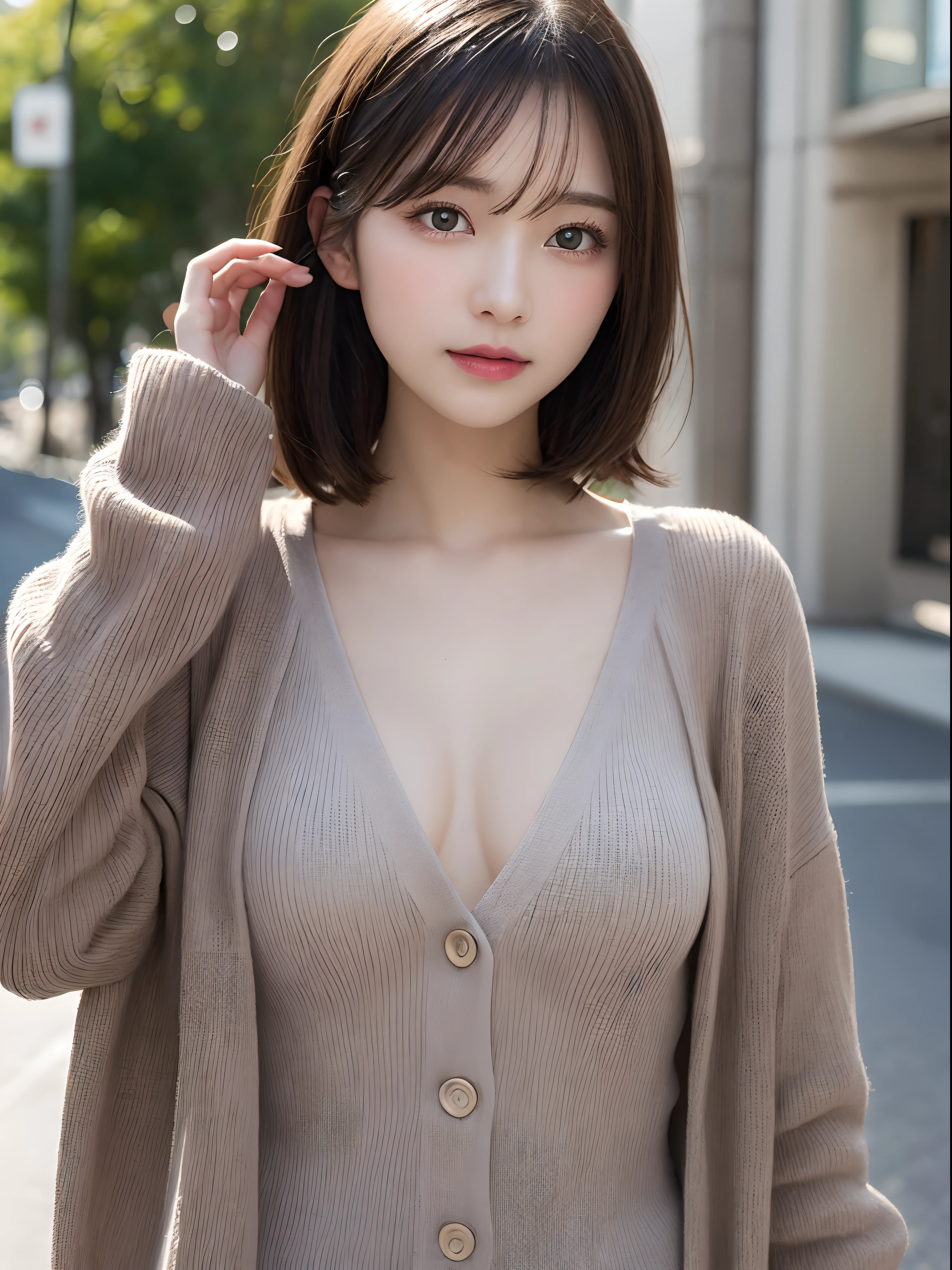 Detailed details,、hight resolution、hightquality、Perfect dynamic composition、Beautiful detailed eyes、short-hair、Small breasts、Natural Color Lip、Kamimei、Shibuya、20 years girl、1 persons、Transparent skin、Glowing hair、masutepiece、Best Quality、finely detail、hight resolution、8K、The correct state of the human body、randome pose、Gravure Model Pose、Mini One Piece、Cardigan、Hair soaring in the wind、