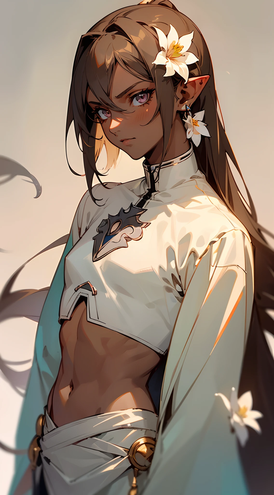 ((Beautiful man:1)) , ((Dark skin:1.5)) , ((long hair)) , ((brown hair)) , ((male:1.4)) , full lips , light silver eyes , voluminous hair,((has pointed ears ears:1)), ((wearing small flower earring:1.3)), ((Skinny build)) ,effeminate , ((has a center part in hair:1)), full long eyelashes,((straight hair:1.3)) , ((crop top:1.2)), hair in a ponytail, Bishounen, possess delicate and androgynous features, age 33

(masterpiece, best quality )detailed, 1Character ,  pastel washed out colors , cell shade , soft, muted shades ,gentle colors , 


Wearing a mix of sword art online and futuristic style clothes ,