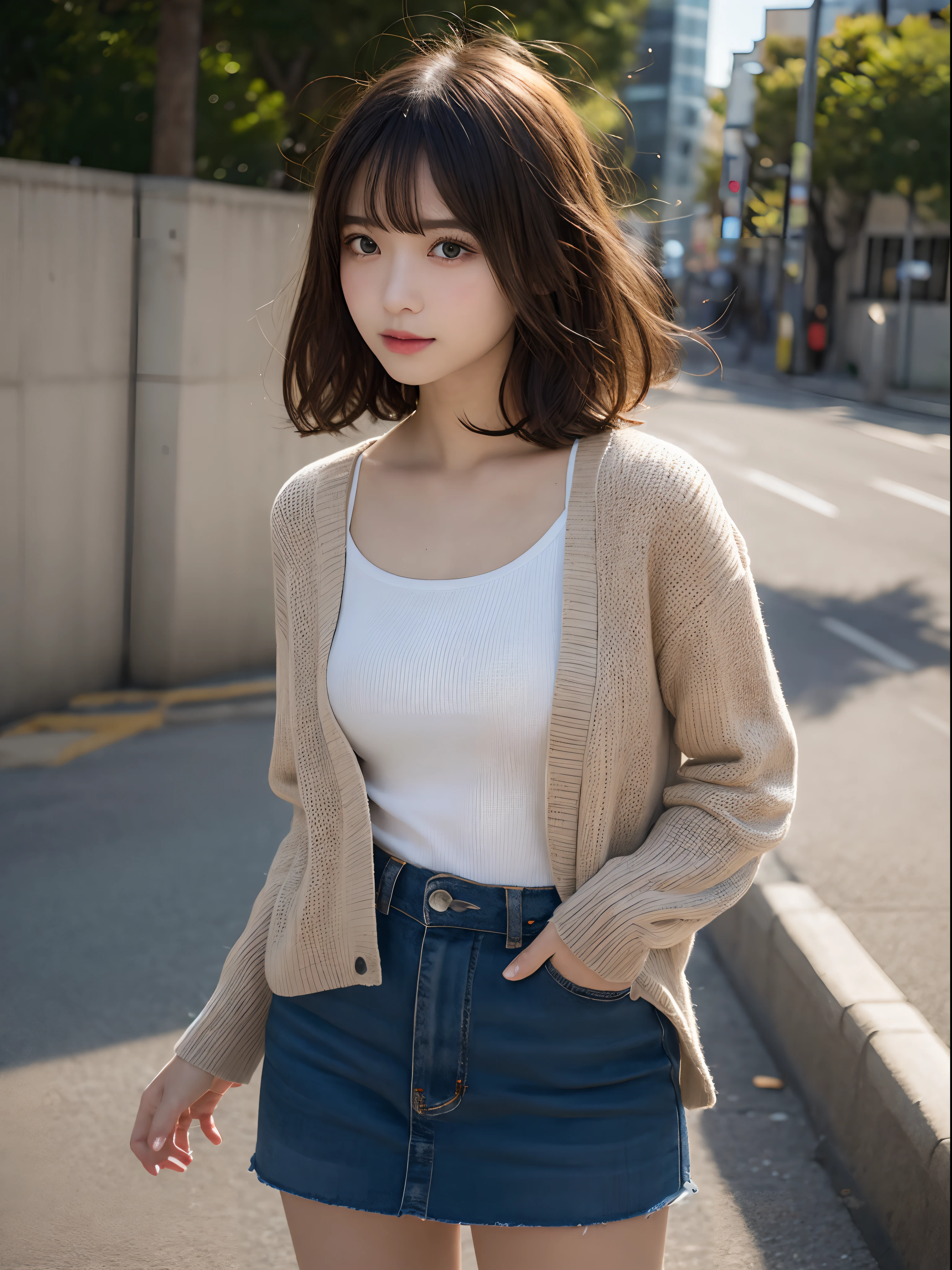 Detailed details,、hight resolution、hightquality、Perfect dynamic composition、Beautiful detailed eyes、short-hair、Small breasts、Natural Color Lip、Kamimei、Shibuya、20 years girl、1 persons、Transparent skin、Glowing hair、masutepiece、Best Quality、finely detail、hight resolution、8K、The correct state of the human body、randome pose、Gravure Model Pose、onepiece、Cardigan、a miniskirt、Hair soaring in the wind、