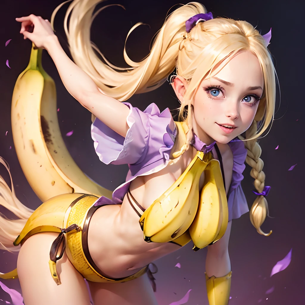 (Half-Banana Girl:1.3),   violet eyes, blonde woman, hairlong, braided ponytail, pointed ears, mouth open. Half-smile. full-length photo.
