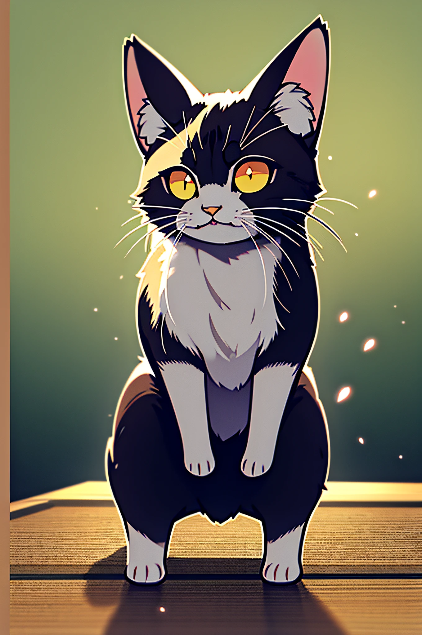 ((a cat)), Being stared at by a cat, Eyes on prey, cute cat, Front leg hanging, Low Angle:1.2, Fine quality illustrations, (best quality:1.2, Very detailed, Attention to detail, Digit coloring, High contrast, masterpiece:1.2, best quality, Best aesthetics),