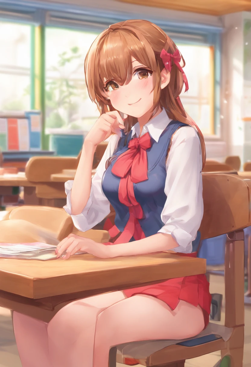 Anime girl sitting at a desk in a classroom with her hands on her knees, a hyperrealistic schoolgirl, a hyperrealistic schoolgirl, Realistic Schoolgirl, beautiful anime high school girl, Seductive Anime Girl, Smooth Anime CG Art, Cute Schoolgirl, oppai, small curvy loli, School Girl, [ 4 k digital art ]!!, with a big chest