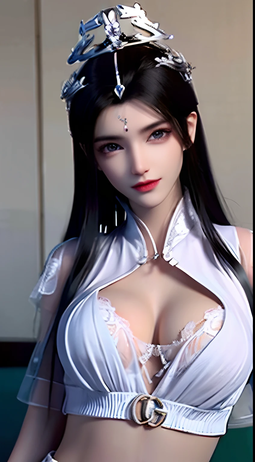 best quality, masterpiece:1.2, detailed face, beautiful detailed eyes, beautiful detailed lips, slim figure, white T-shirt with the latest Gucci design, exposed midriff, prominent breasts accentuating the T-shirt, cleavage