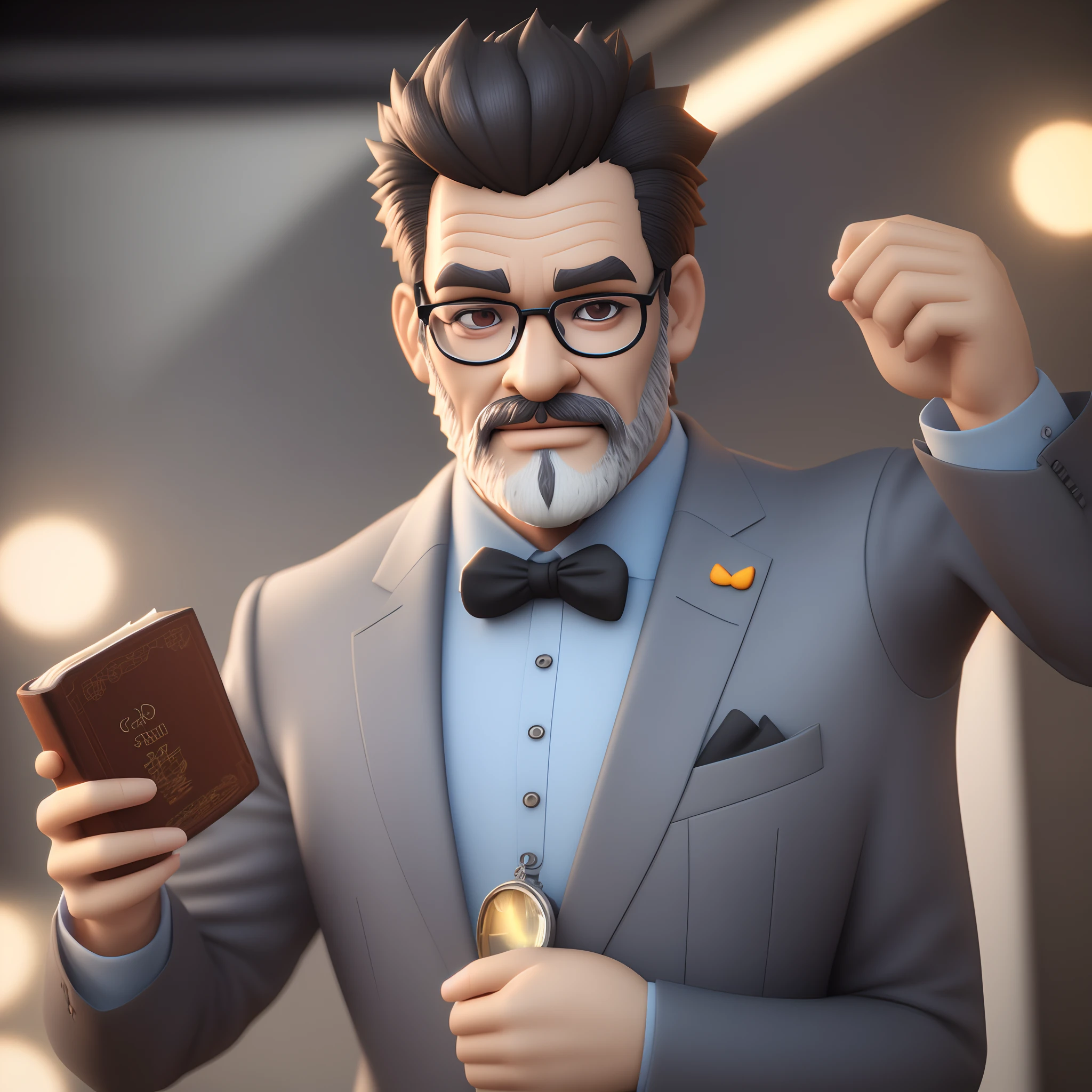 Pixar cartoon character of a man with rectangular black glasses and a blue suit, with a Bible , Gray beard animation character, Caractere estilizado, animation style rendering, 3D estilizado, Arnold Maya render, 3 d render stylized, toon render keyshot, Personagem 3D, Personagem 3D, 3d rendering stylized, 3 d character render, personagem de desenho animado, Personagem de close up, Pose de personagem, (Estilo Pixar) (master part:1.2) (Bokeh) (best quality) (pele detalhada) (textura detalhada) (8k) (argila) (Cinematic lighting) (foco nítido