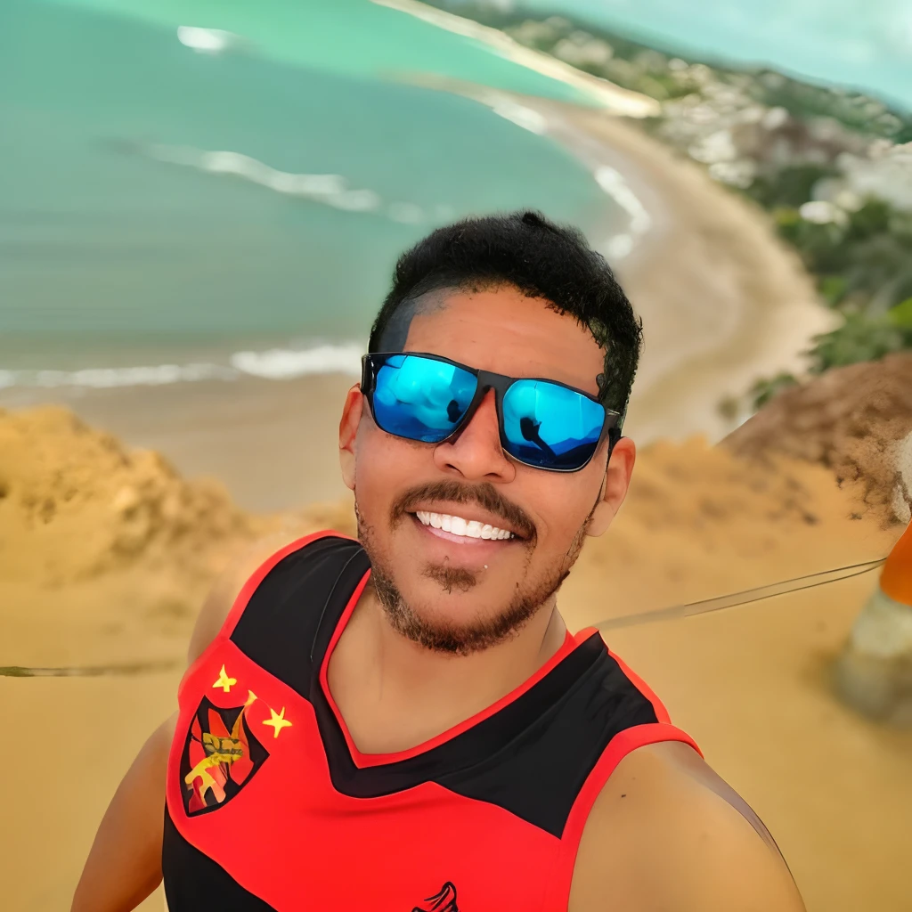Foto RAW, uma foto de retrato de perto de 20 y.o 1menino, sozinho, Realistic, camisa vermelha e preta listrada na horizontal com o escudo do sport recife, cabelo espetado preto, barba e bigode pequeno, Sunglasses with blue lens , Background is a beach seen from a mountain. (pele altamente detalhada:1.2),