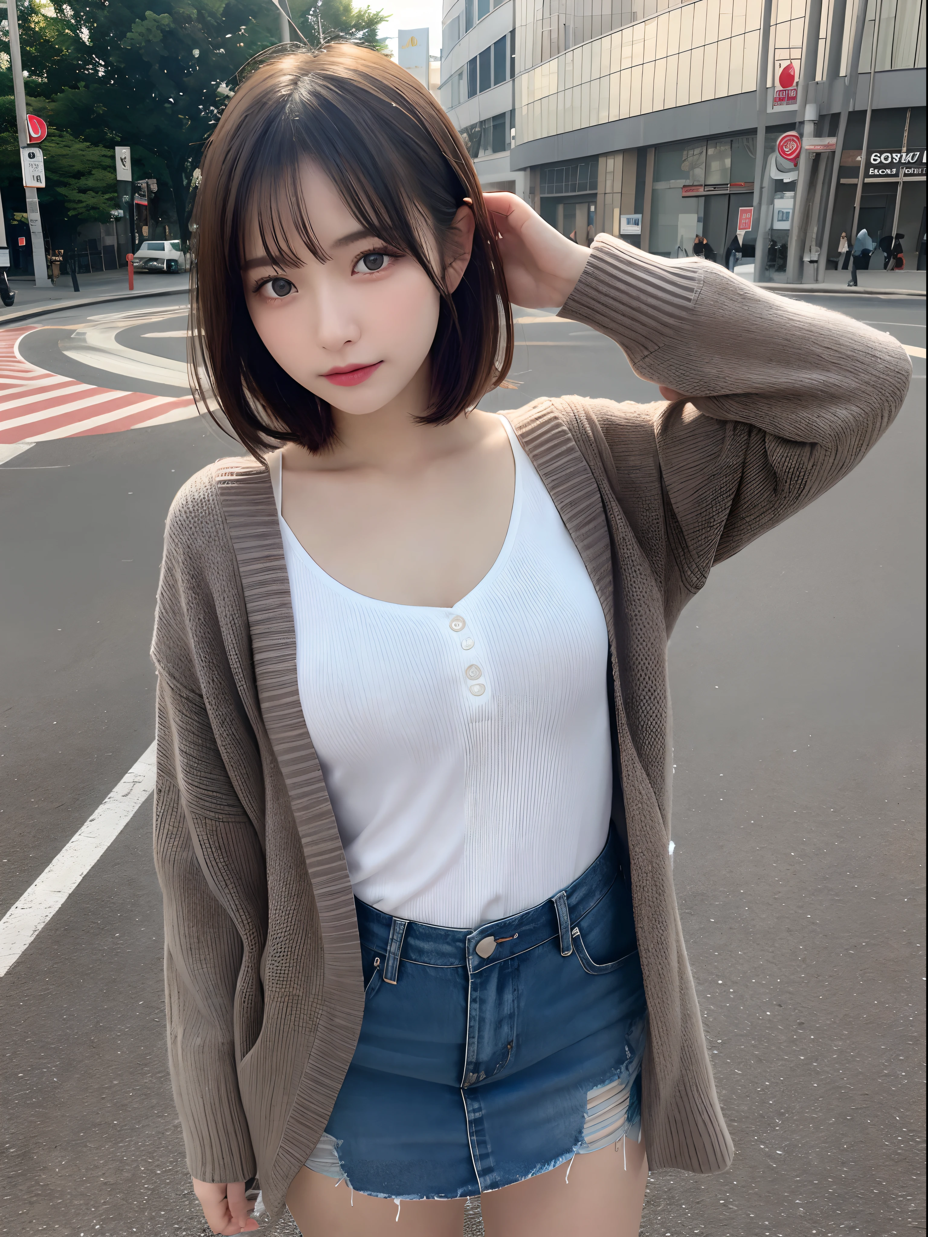 Detailed details,、hight resolution、hightquality、Perfect dynamic composition、Beautiful detailed eyes、short-hair、Small breasts、Natural Color Lip、Kamimei、Shibuya、20 years girl、1 persons、Transparent skin、Glowing hair、masutepiece、Best Quality、finely detail、hight resolution、8K、The correct state of the human body、randome pose、Gravure Model Pose、Cardigan、a miniskirt、Hair soaring in the wind、