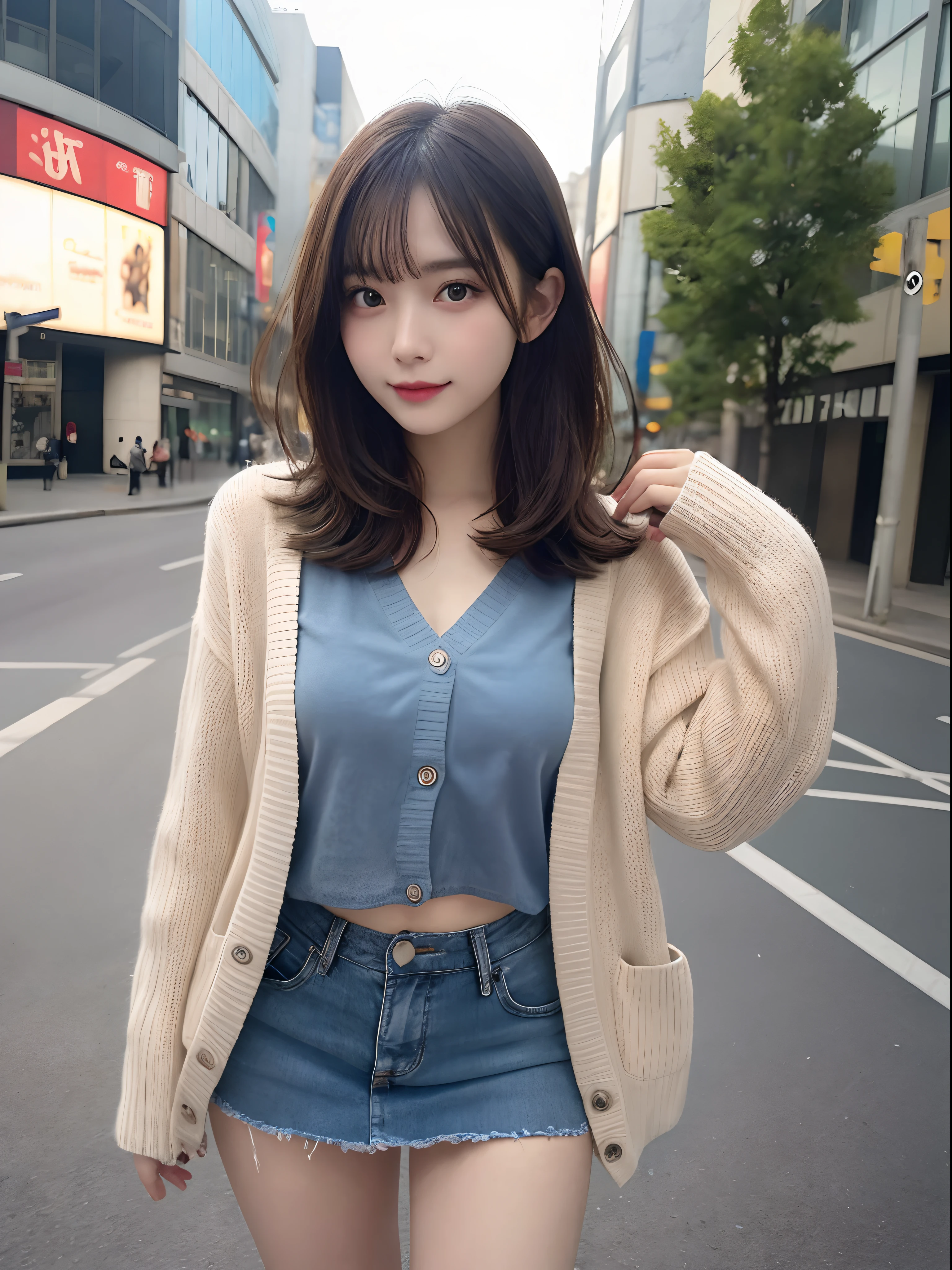 Detailed details,、hight resolution、hightquality、Perfect dynamic composition、Beautiful detailed eyes、short-hair、Small breasts、Natural Color Lip、Kamimei、Shibuya、20 years girl、1 persons、Transparent skin、Glowing hair、masutepiece、Best Quality、finely detail、hight resolution、8K、The correct state of the human body、randome pose、Gravure Model Pose、Cardigan、a miniskirt、Hair soaring in the wind、