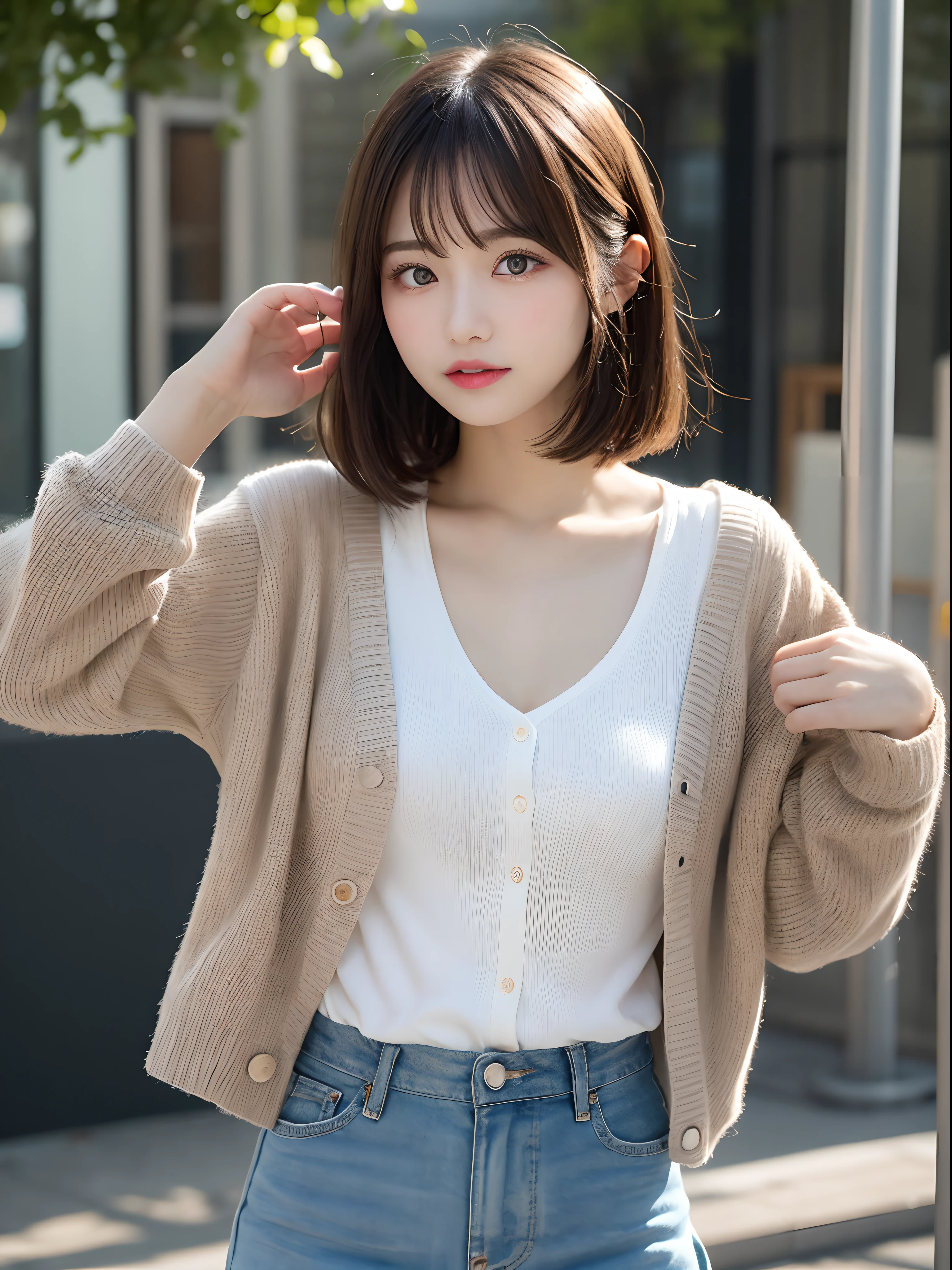 Detailed details,、hight resolution、hightquality、Perfect dynamic composition、Beautiful detailed eyes、short-hair、Small breasts、Natural Color Lip、Kamimei、Shibuya、20 years girl、1 persons、Transparent skin、Glowing hair、masutepiece、Best Quality、finely detail、hight resolution、8K、The correct state of the human body、randome pose、Gravure Model Pose、Cardigan、a miniskirt、Hair soaring in the wind、