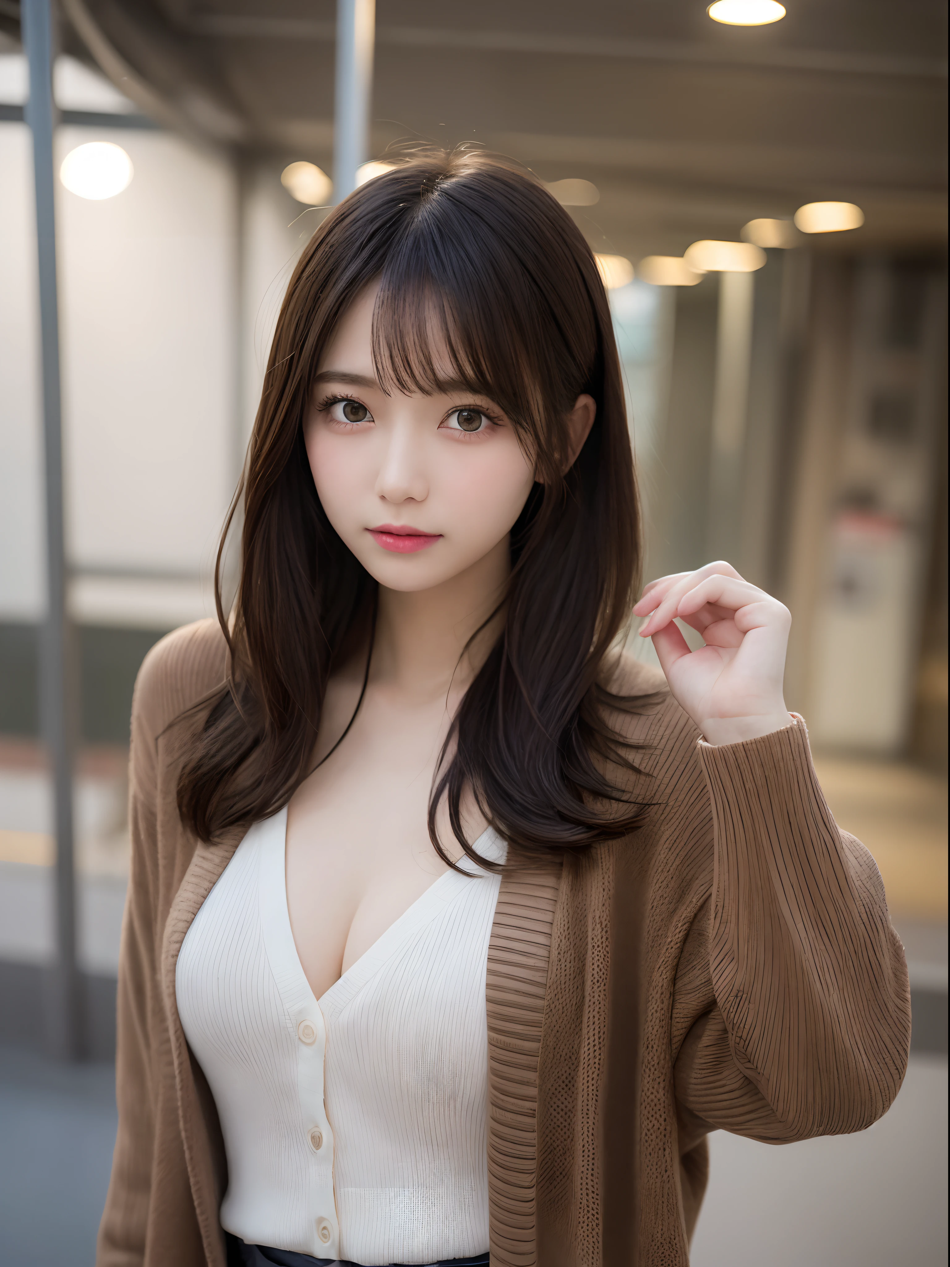 Detailed details,、hight resolution、hightquality、Perfect dynamic composition、Beautiful detailed eyes、short-hair、Small breasts、Natural Color Lip、Kamimei、Shibuya、20 years girl、1 persons、Transparent skin、Glowing hair、masutepiece、Best Quality、finely detail、hight resolution、8K、The correct state of the human body、randome pose、Gravure Model Pose、Cardigan、a miniskirt、Hair soaring in the wind、