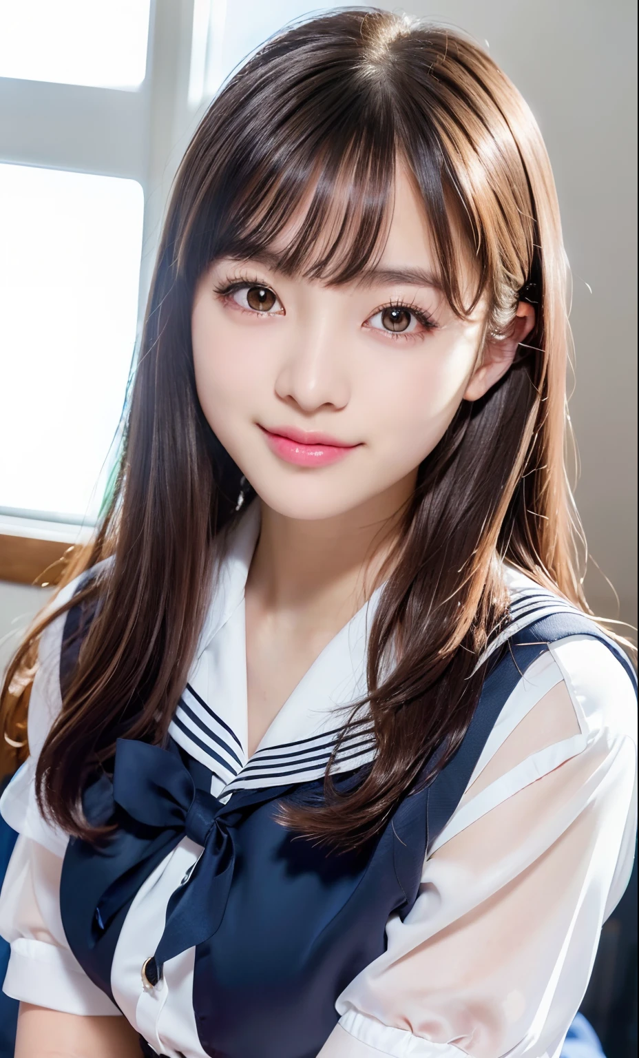 (One Girl), ((Very cute face)), Great face and eyes, (Highly detailed eyes, Highly detailed face), Fresh, Very beautiful appearance, (Ultra-realistic, High resolution), (highest quality:1.4), RAW Photos, (Realistic, Realistic:1.37), Professional photography , (Wet and see-through sailor uniform:1.1)  , Smile a little, (look at me) , Portrait of a Girl  , (gigantic breasts:1.3)   , ((()))   , ((junior high school student)), (light brown short hair:0.9) , (wavy hair:1.3) , (Nipples visible through sailor uniform:1.3) , (Please tilt your head a little) , Perfect nipples , ((Nipples are light pink )) , ((light pink areola))  ,  (sweating cleavage:1.2) , (cum on her breasts ) , (small nipples) , (upper body) , (lying down on the bed:1.3) , (young face:1.3) , (little girl:your back:1.4) , (young face:1.3) , (bare breasts:1.5) , (naked:1.3)