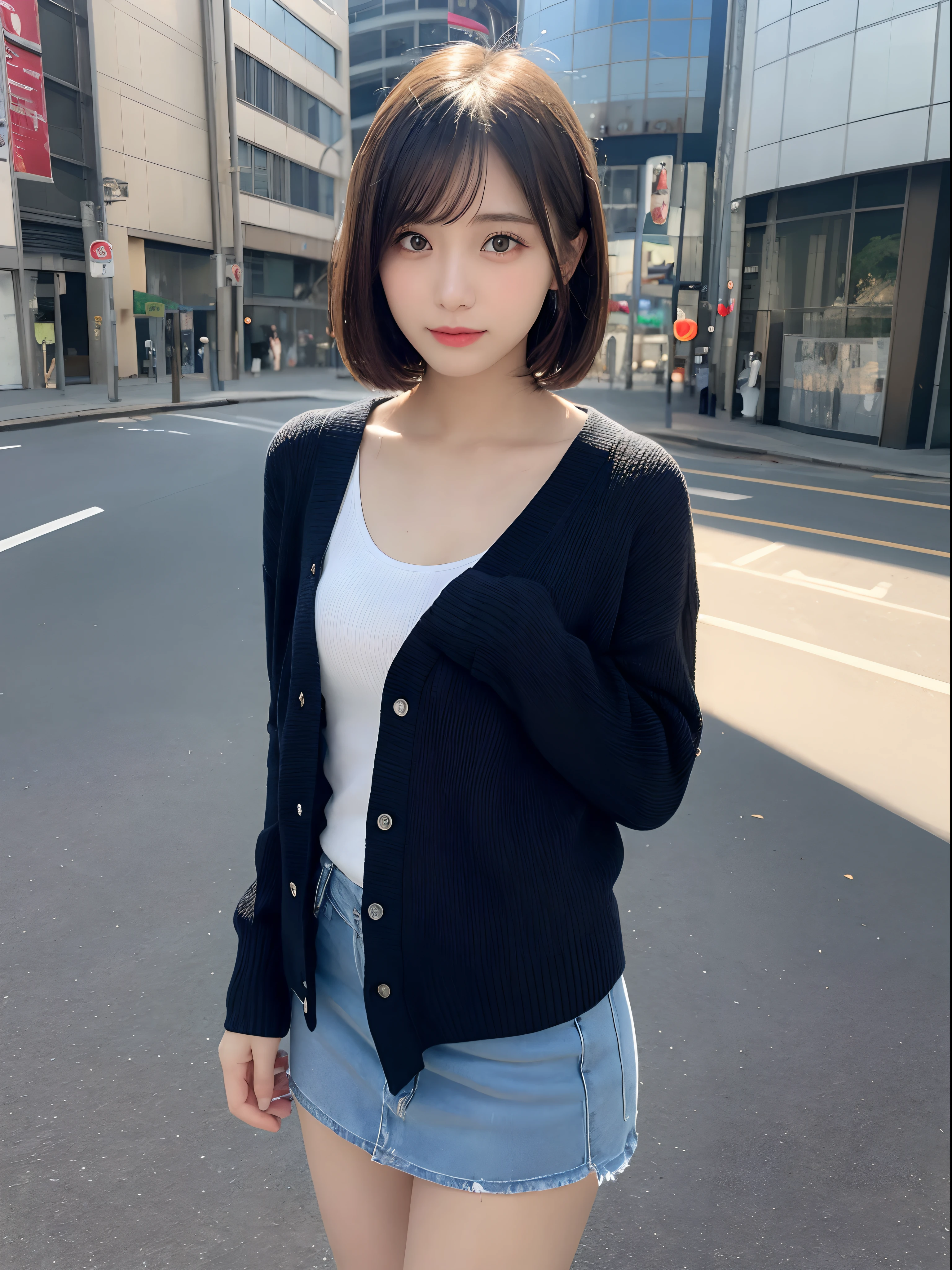 Detailed details,、hight resolution、hightquality、Perfect dynamic composition、Beautiful detailed eyes、short-hair、Small breasts、Natural Color Lip、Kamimei、Shibuya、20 years girl、1 persons、Transparent skin、Glowing hair、masutepiece、Best Quality、finely detail、hight resolution、8K、The correct state of the human body、randome pose、Gravure Model Pose、Cardigan、a miniskirt、Hair soaring in the wind、