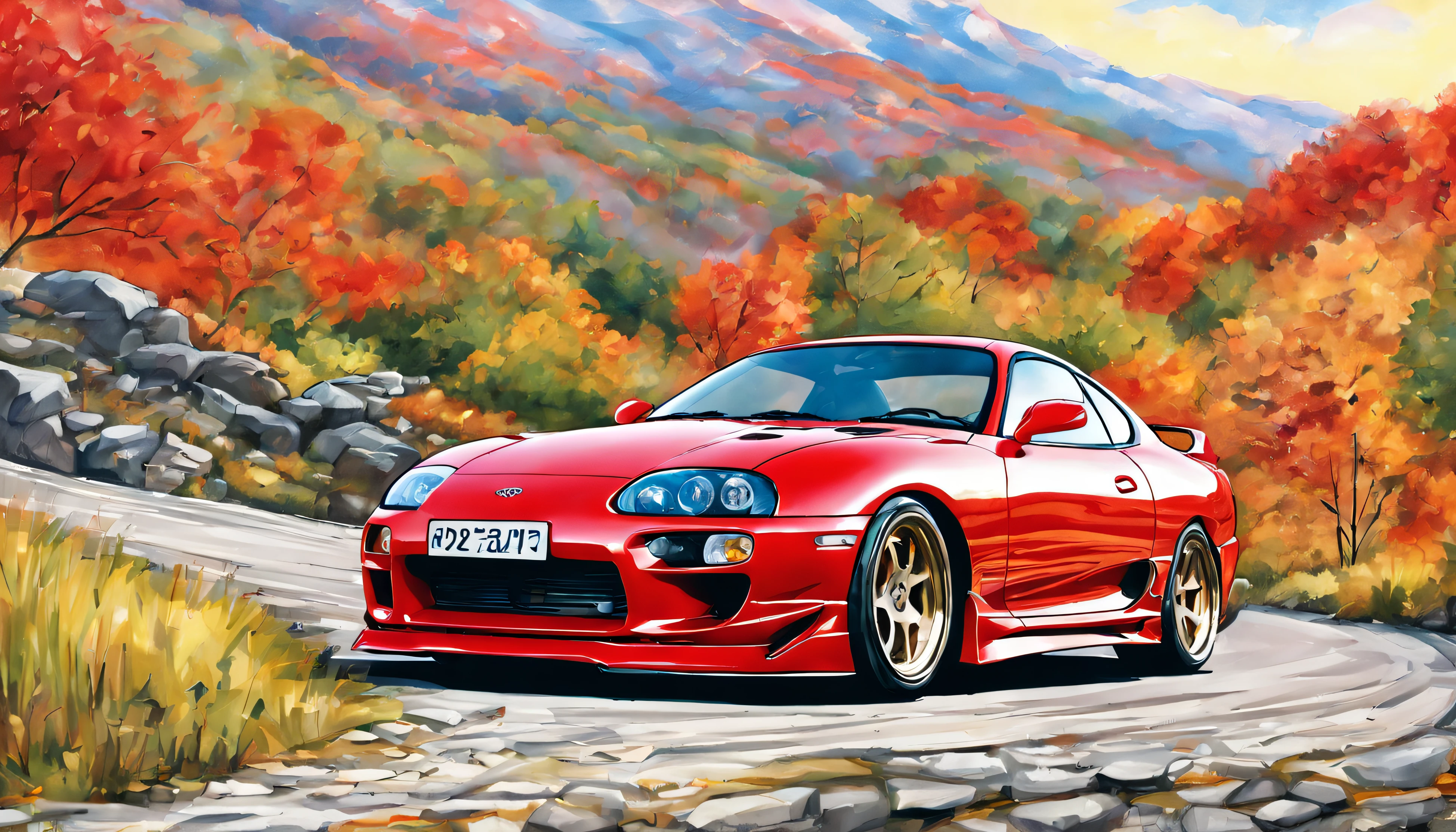 1997 Toyota Supra Red on a Mountain Road, style dessin manga, couleur