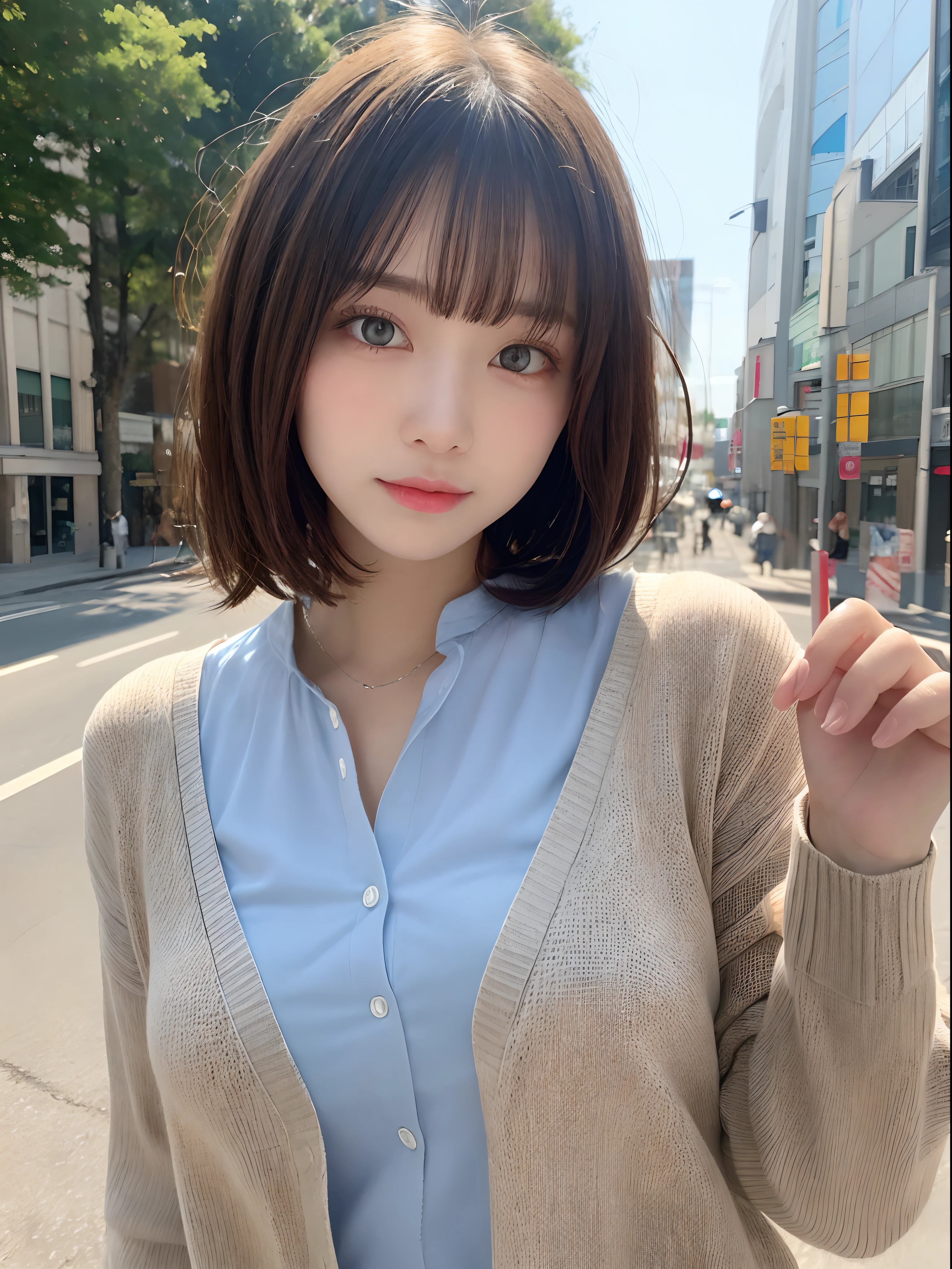 Detailed details,、hight resolution、hightquality、Perfect dynamic composition、Beautiful detailed eyes、short-hair、Small breasts、Natural Color Lip、Kamimei、Shibuya、20 years girl、1 persons、Transparent skin、Glowing hair、masutepiece、Best Quality、finely detail、hight resolution、8K、The correct state of the human body、randome pose、Gravure Model Pose、Cardigan、Hair soaring in the wind、