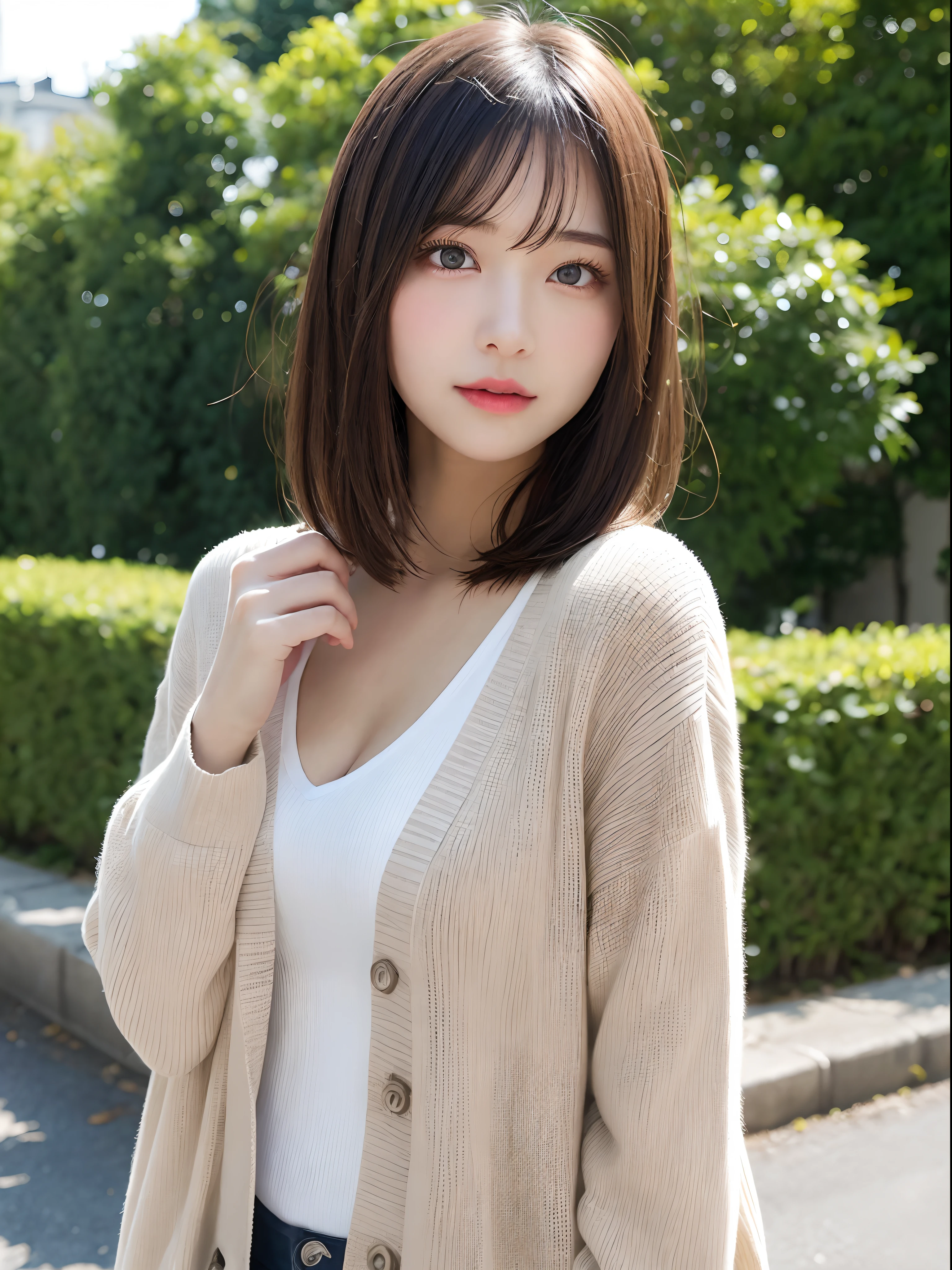 Detailed details,、hight resolution、hightquality、Perfect dynamic composition、Beautiful detailed eyes、short-hair、Small breasts、Natural Color Lip、Kamimei、Shibuya、20 years girl、1 persons、Transparent skin、Glowing hair、masutepiece、Best Quality、finely detail、hight resolution、8K、The correct state of the human body、randome pose、Gravure Model Pose、Cardigan、Hair soaring in the wind、