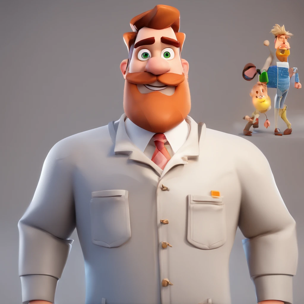 Criar um personagem no estilo Pixar. Trata-se de um homem de 30 anos, com barba, moreno, com cabelos castanhos curtos e um quiff, e olhos castanhos. Ele deve estar na frente de uma hamburgueria, Trabalhar como cozinha