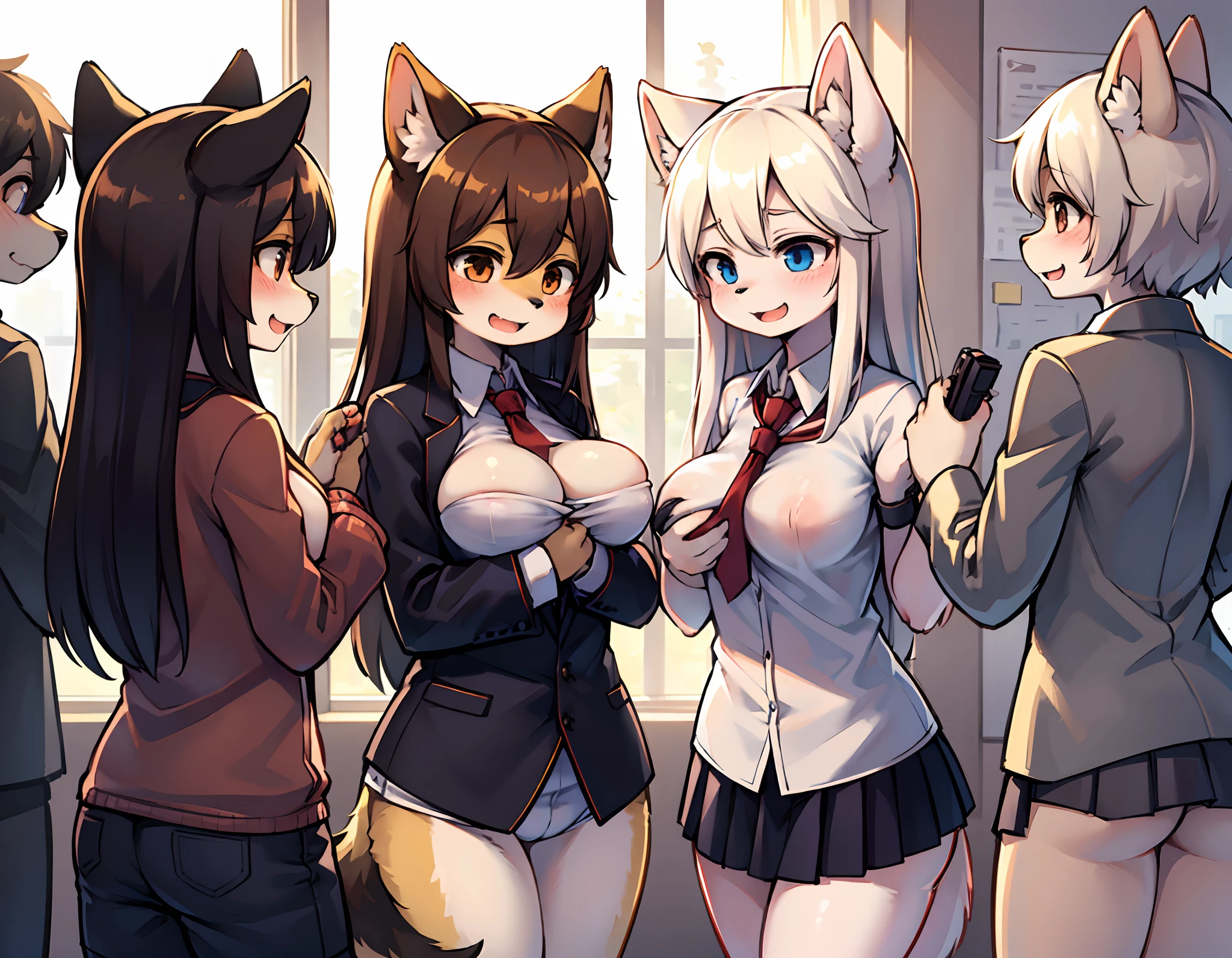 10People Girls、group、Shiba dog、student clothes、The long-haired、Breast size、A-cup、Group attendance at school、Cheerfully、greeting、full bodyesbian、Handgun、Hold in both hands