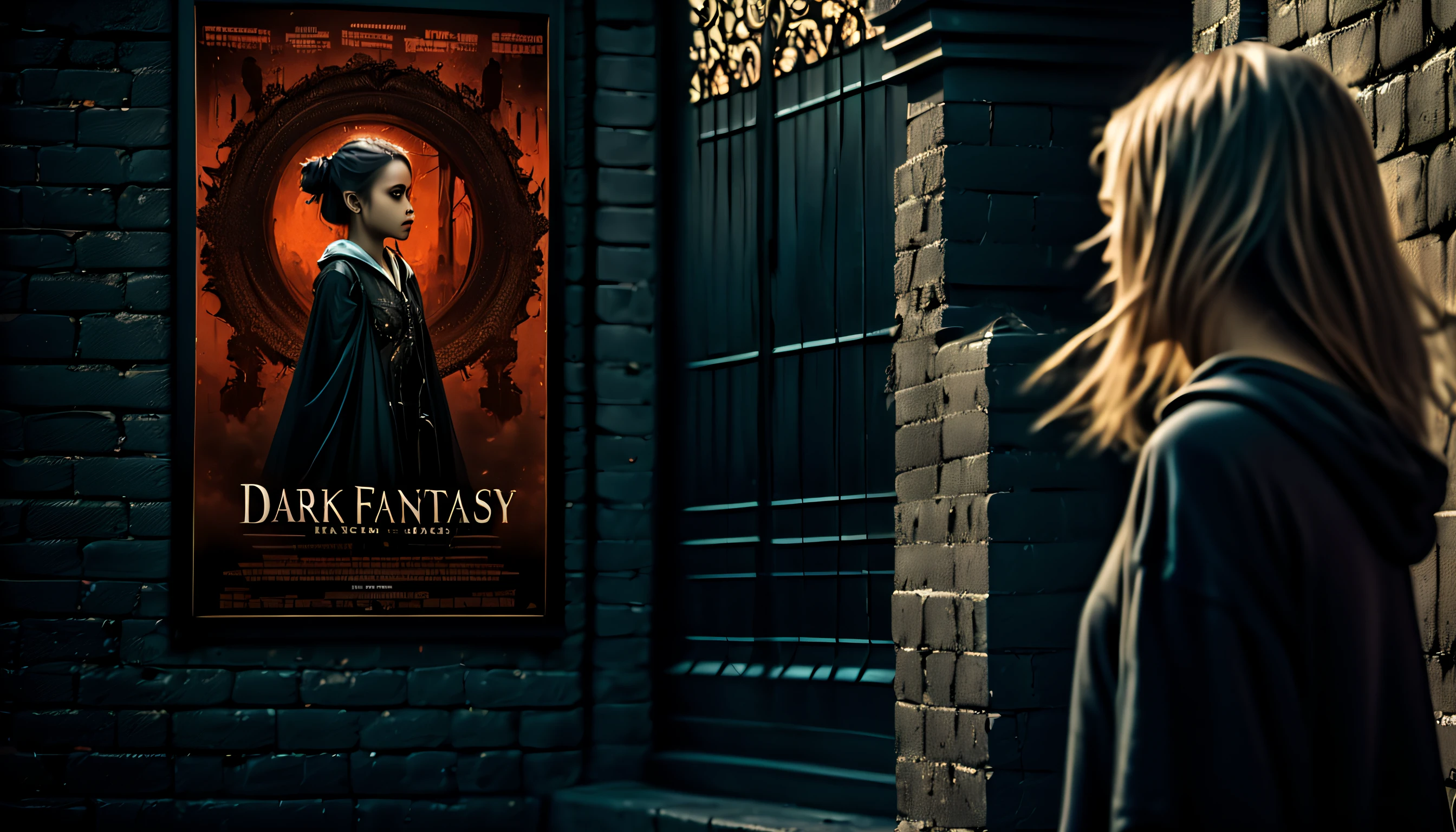 (((street-walls-pasted of dark fantasy with movie-poster:1.3))), (((girl looking at movie poster:1.3))), matte painting so detailed and layered that it feels like a real place, gothic-cityscape-street-wall background detail, intricate details, master piece,