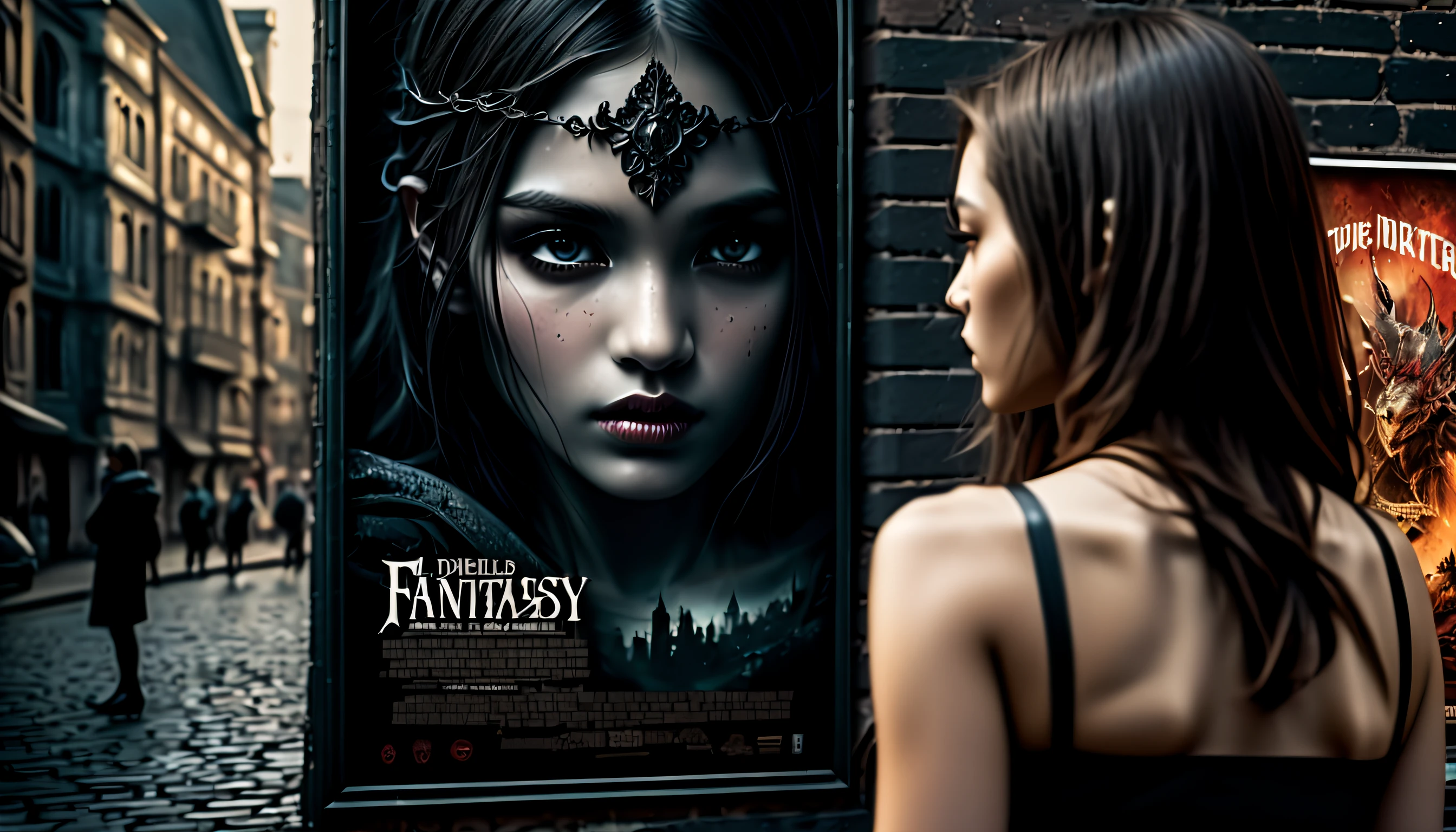 (((street-walls-pasted of dark fantasy with movie-poster:1.3))), (((girl looking at movie poster:1.3))), matte painting so detailed and layered that it feels like a real place, gothic-cityscape-street-wall background detail, intricate details, master piece,