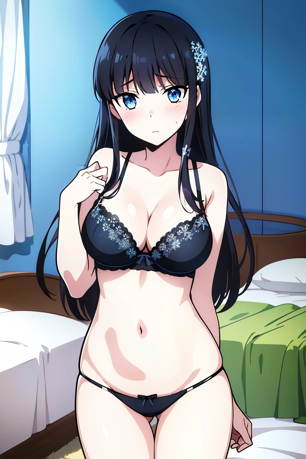 Miyuki, 1girl in, Solo, long_hair, Bangs, Blue_Eyes, Black_hair, hair_ornament detached, blunt_Bangs, Yuki, Snowflake_hair_ornament detached、Look at viewers、embarrassed, Blushing, ,(black panties:1.3),(Black bra:1.3),(Bedroom:1.3)、thighs thighs thighs thighs、cowboy shot、Bare neck、Bare arms、bare shoulders、bare elbows、Bare hands、Naughty big、large full breasts、